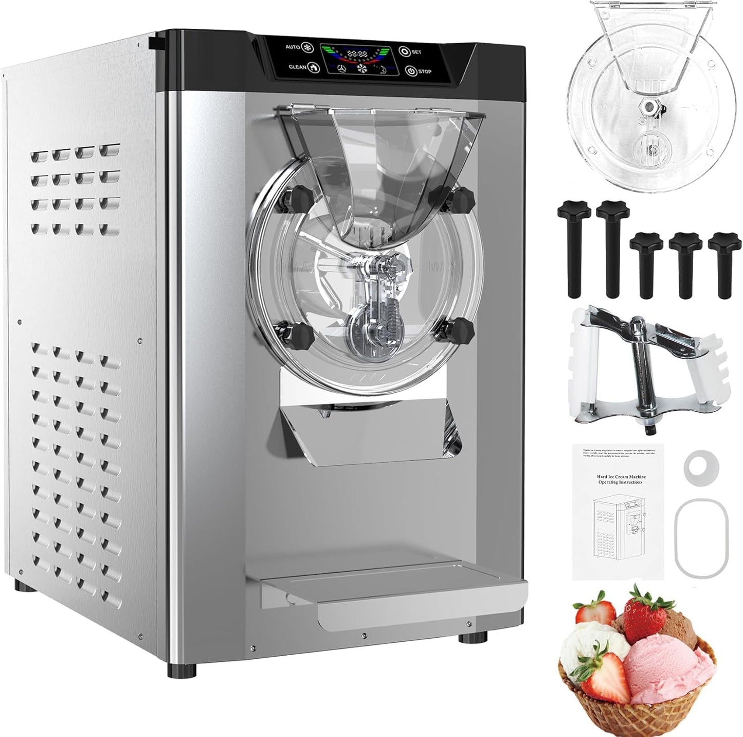 Garvee 2000W Commercial Hard Ice Cream Machine 6.3Gal/H High Output Self-Cleaning LCD Touch Screen 304 Stainless Steel for Cafes Restaurants Home
