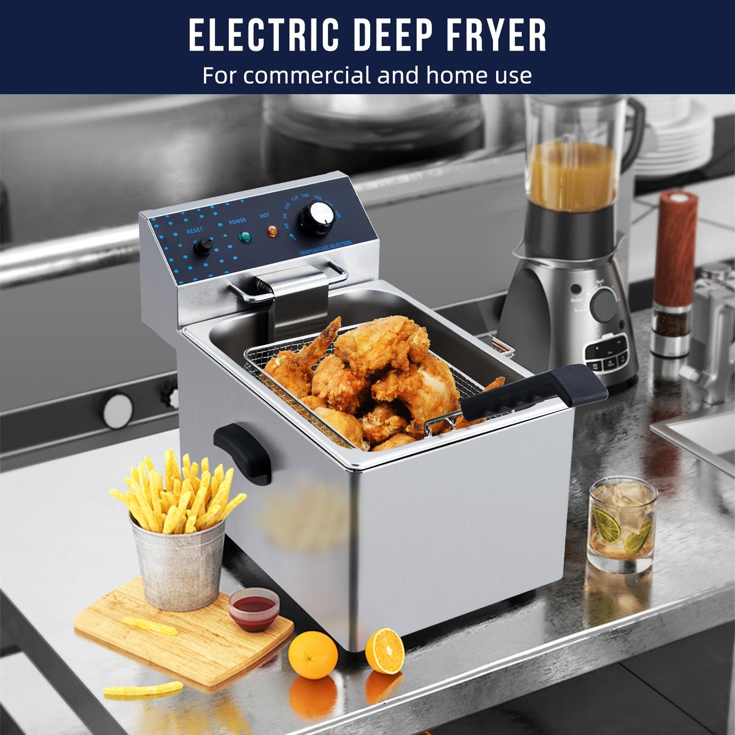 Garvee 8L 1600 Watts Electric Deep Fryer - Stainless Steel Commercial Single Tank with Adjustable Temp (140-392°F) & Basket - Countertop Fryer for Kitchen/Restaurant