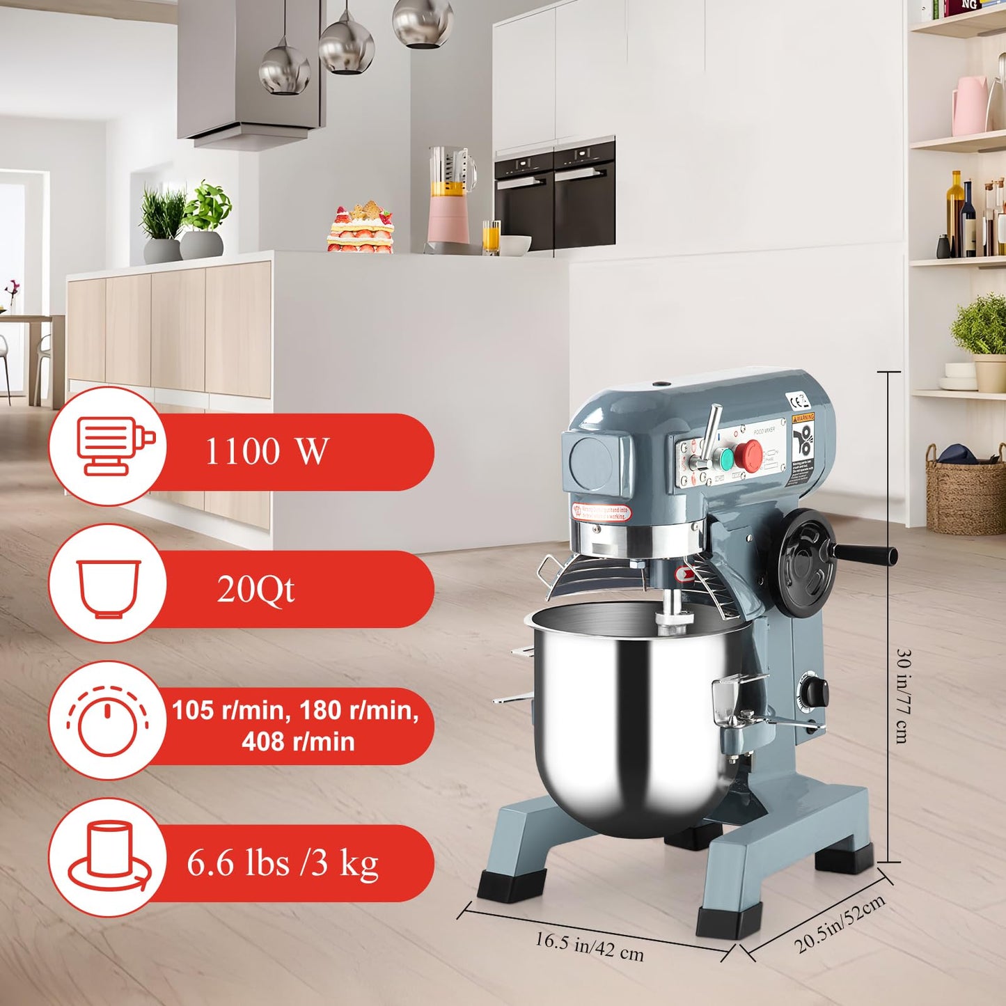 Garvee Commercial Stand Mixer 20Qt with Timing Function, 1100W 3 Speeds Adjustable, Stainless Steel Bowl Stand Mixer With Safety Guard, Premium for Schools Bakeries Restaurants Pizzerias