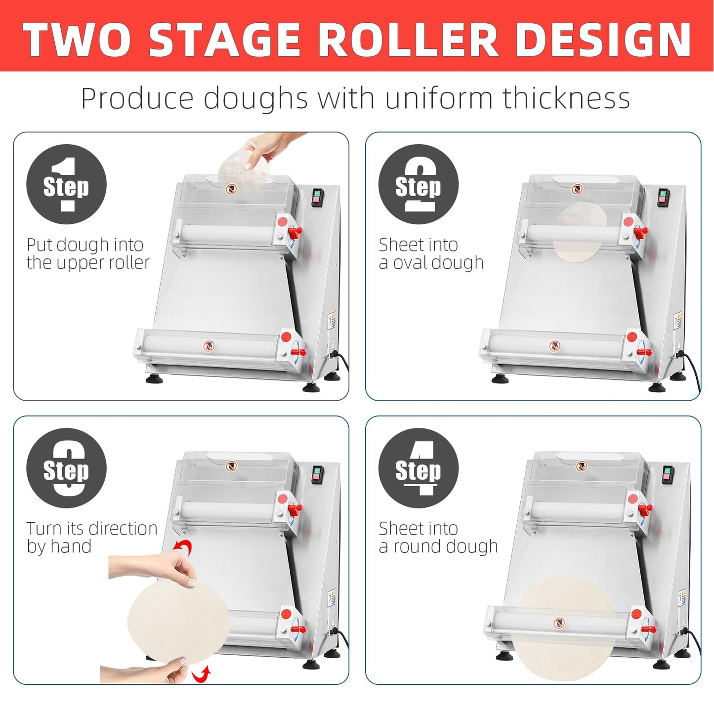 Garvee Commercial Pizza Dough Roller Sheeter, Max 16", Automatic 370W Electric Pizza Dough Roller, Stainless Steel, Suitable for Noodle, Pizza Bread and Pasta Maker Equipment
