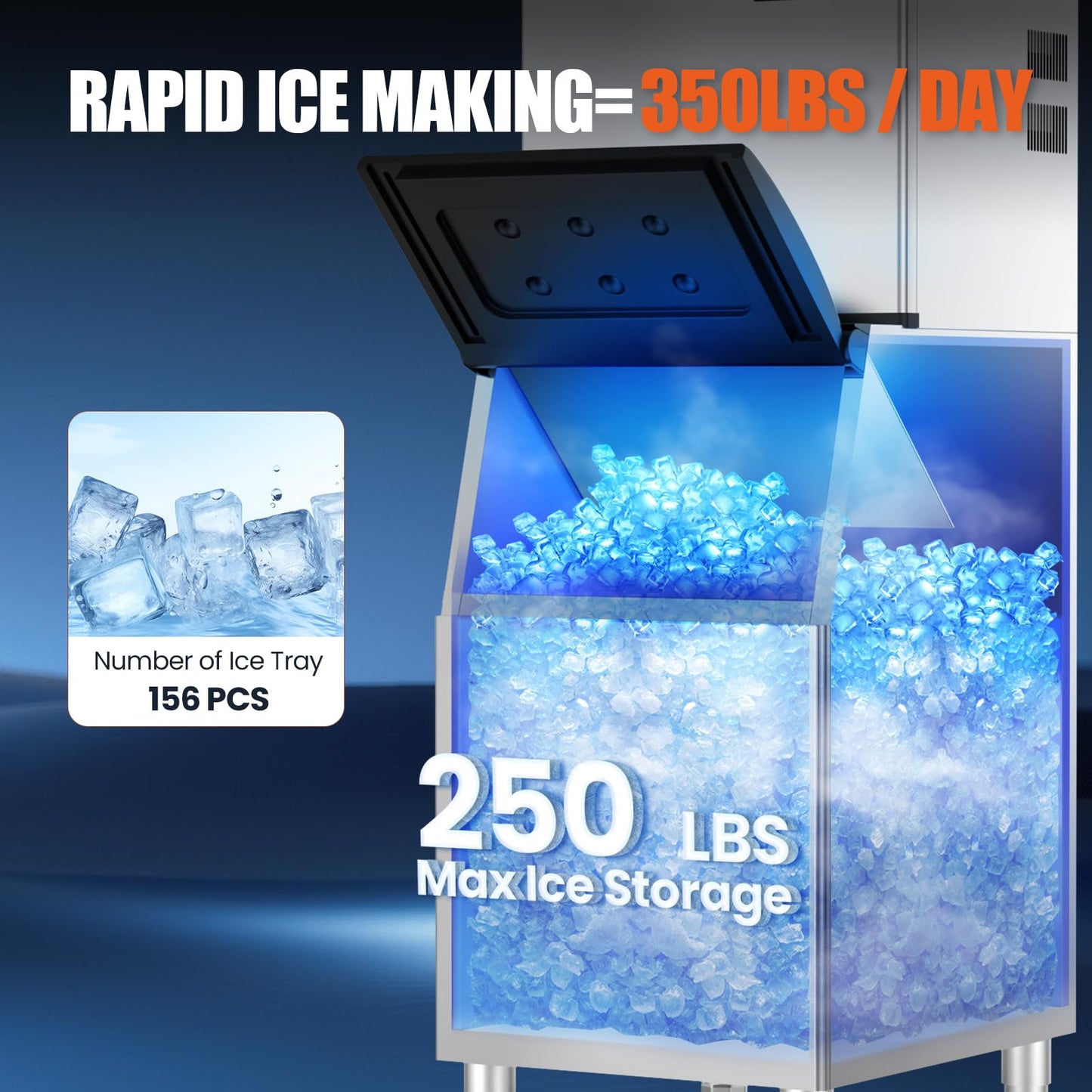 Garvee Commercial Ice Maker Machine 350Lbs/24H, Pro Compressor&ETL Approval, Industrial Ice Machine, 250Lbs Storage Bin, 700W Auto Self-Cleaning, Stainless Steel Ice Maker for Bar/Cafe/Restaurant/Business