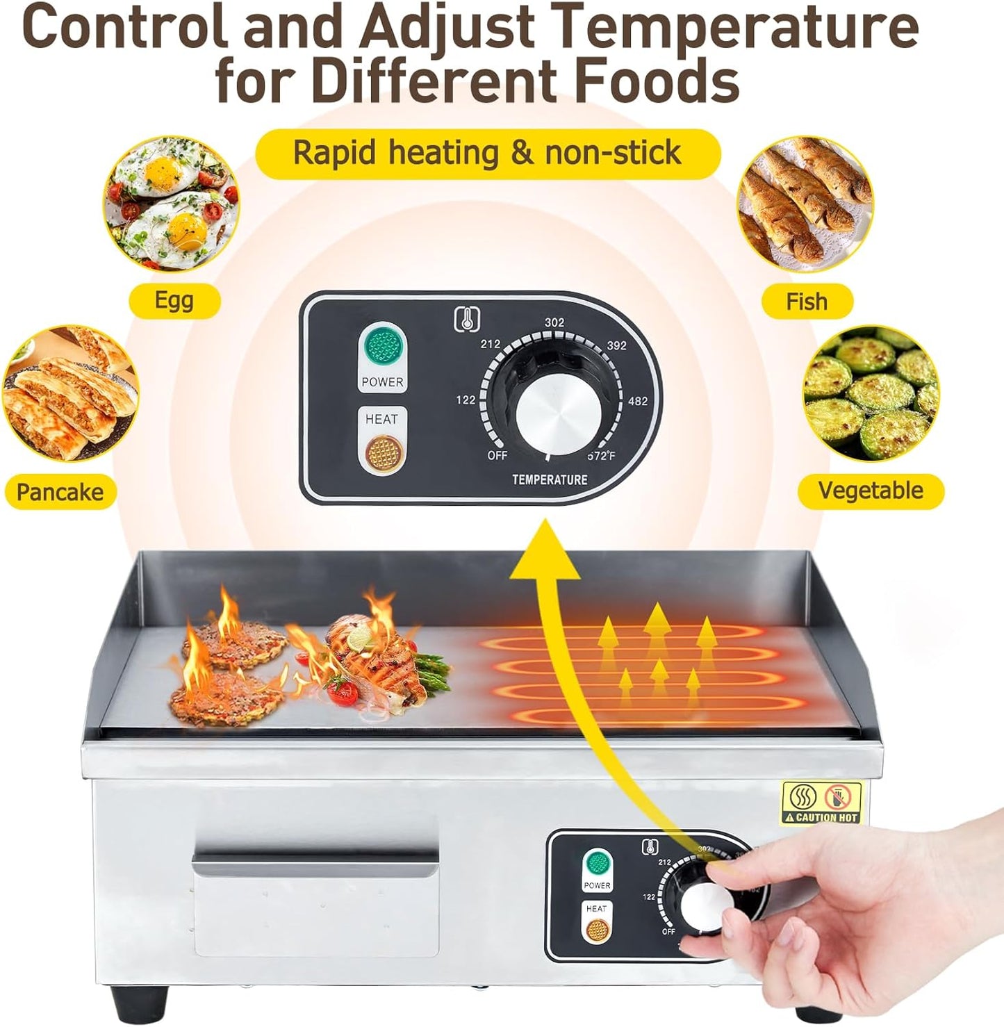 Garvee 22-Inch Commercial Electric Grill 1600W Non-Stick Stainless Steel Adjustable Temp 122°F-572°F for Home & Restaurant(WITH PLUG)