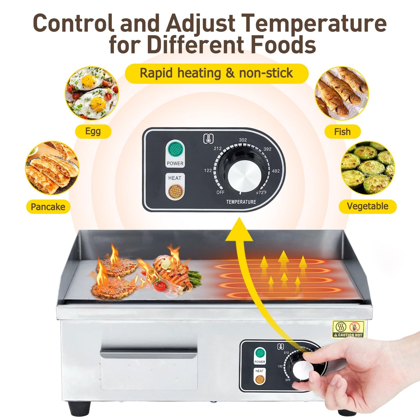 Garvee 18-Inch Commercial Electric Grill 1600 Watts Non-Stick Stainless Steel Adjustable Temp 122°F-572°F for Home & Restaurant