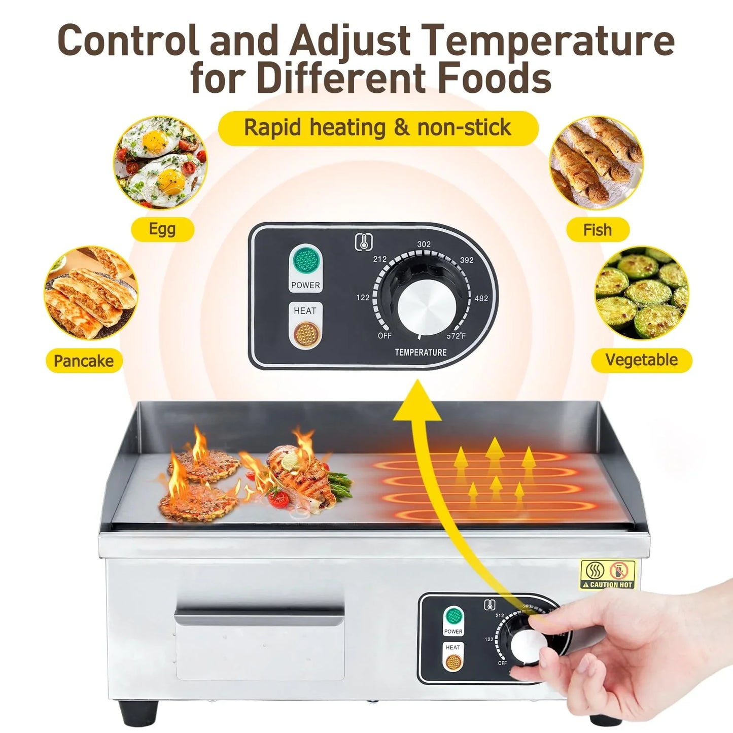 Garvee 14-Inch Commercial Electric Grill 1500 Watts Non-Stick Stainless Steel Adjustable Temp 122°F-572°F for Home & Restaurant(WITH PLUG)