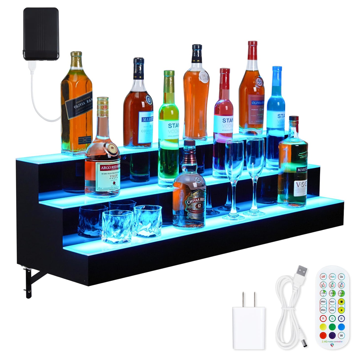 Garvee Led Lighted Liquor Bottle Shelf, 3 Tiers 40 Inches Led Bar Display Shelf With Remote & App Control, 16 Colors, 4 Modes, 1-8 H Timing, Bar Lights for Liquor Shelves