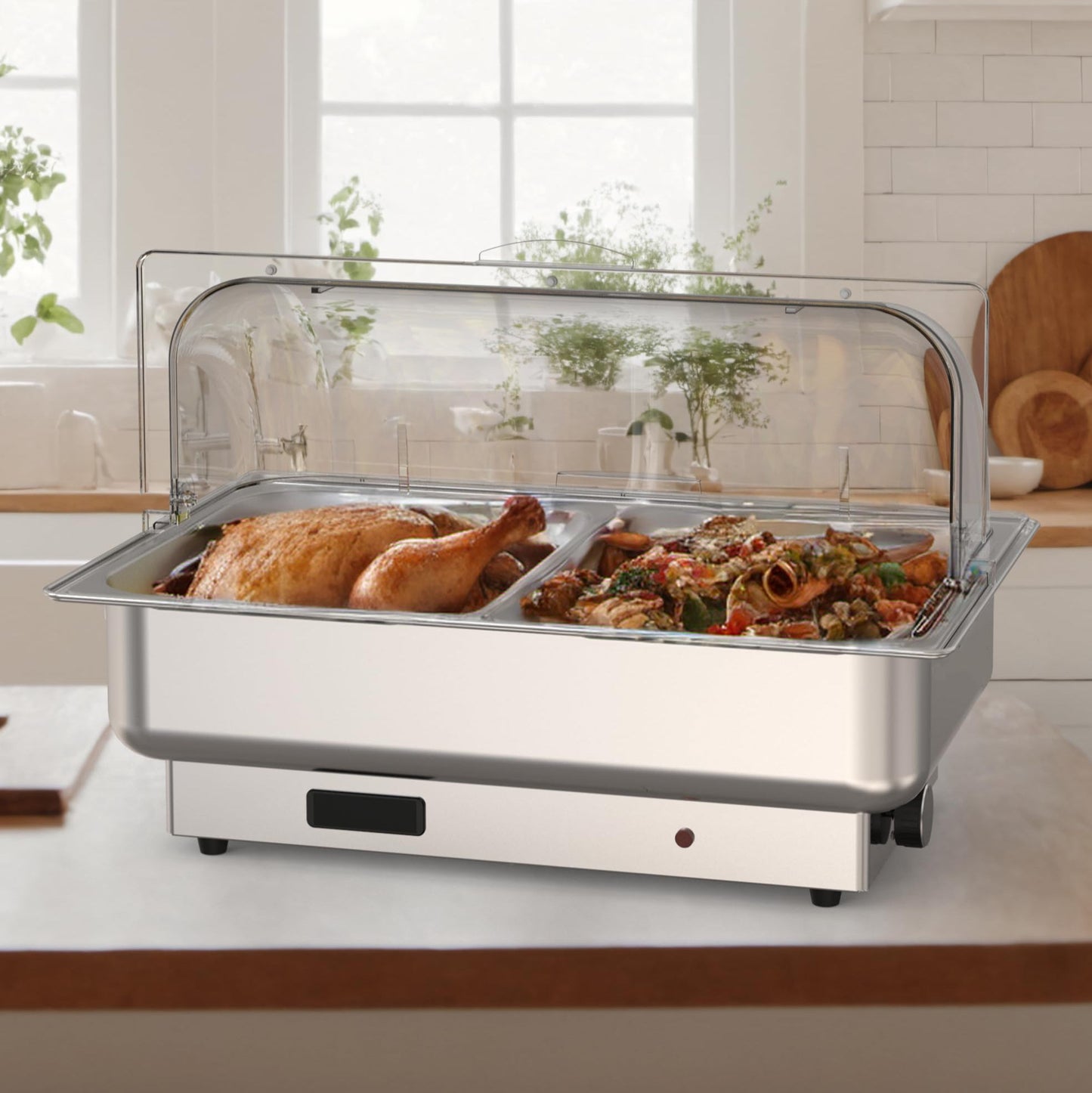 Garvee 2 Pack Electric Chafing Dishes Buffet Set 2 x 4.5 QT Size, NSF Stainless Steel Roll Top Catering Chafer Server Food Warmer with Cover for Party Wedding Banquet