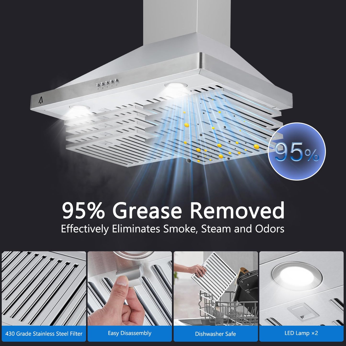 Garvee Range Hood 30 inch, Wall Mount Range Hood in Stainless Steel, Ducted/Ductless Convertible Duct, Kitchen Hood w/Baffle Filters, 3 Speed Fan, LED Light, Push Button Control