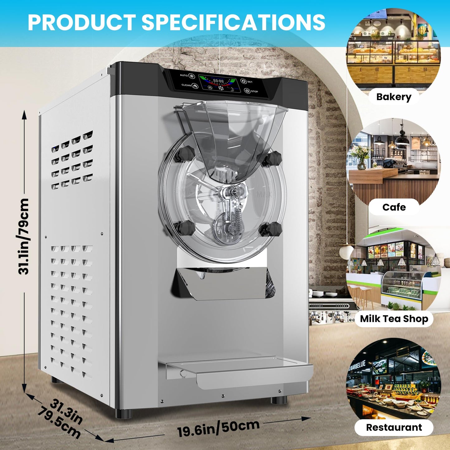 Garvee 2000W Commercial Hard Ice Cream Machine 6.3Gal/H High Output Self-Cleaning LCD Touch Screen 304 Stainless Steel for Cafes Restaurants Home