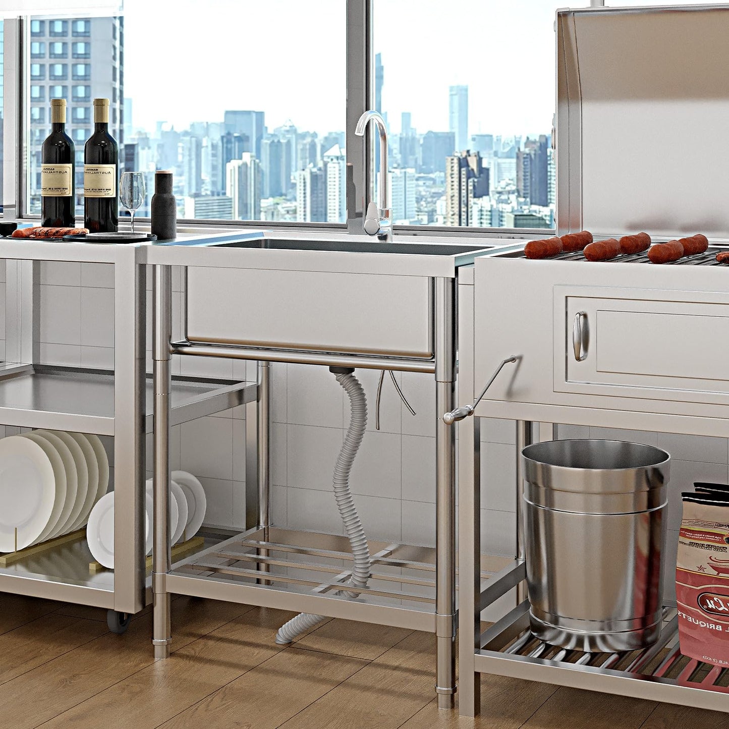 Garvee 20"D X 28"W X 34"H Free Standing Utility Sink Single Bowl Stainless Steel Commercial Kitchen Sink with Hot and Cold Water Pipes for Indoor and Outdoor Use