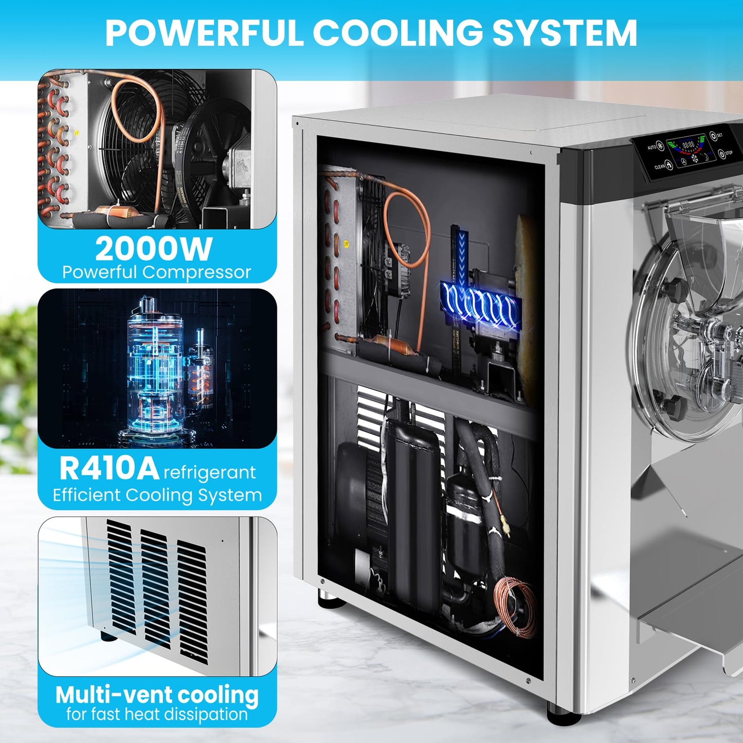 Garvee 2000W Commercial Hard Ice Cream Machine 6.3Gal/H High Output Self-Cleaning LCD Touch Screen 304 Stainless Steel for Cafes Restaurants Home