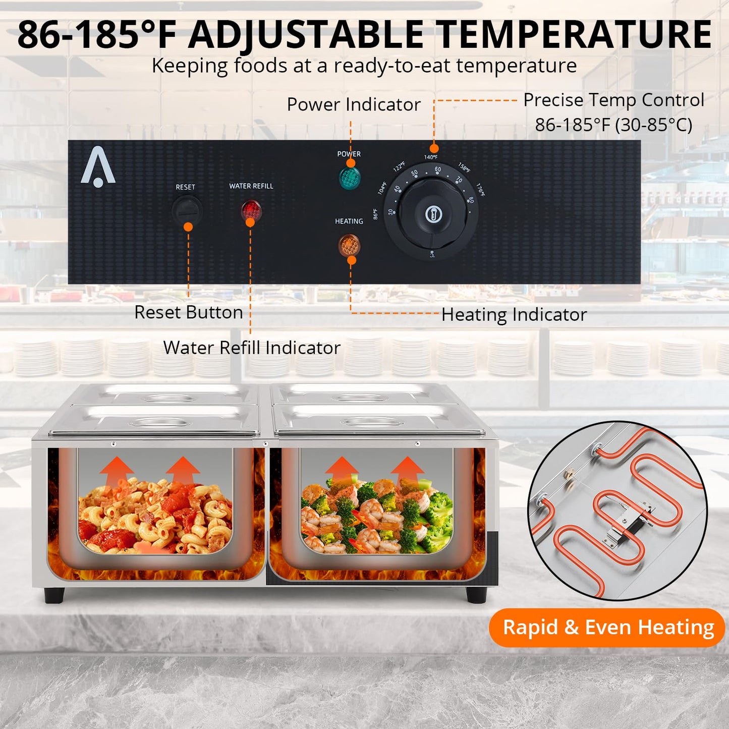 Garvee Commercial Food Warmer 4 Pan, 4x12QT Bain Marie Buffet Server and Warmer, Stainelss Steel Electric Steam Table with Lids & Ladles for Buffet Catering Parties Restaurants, Silver