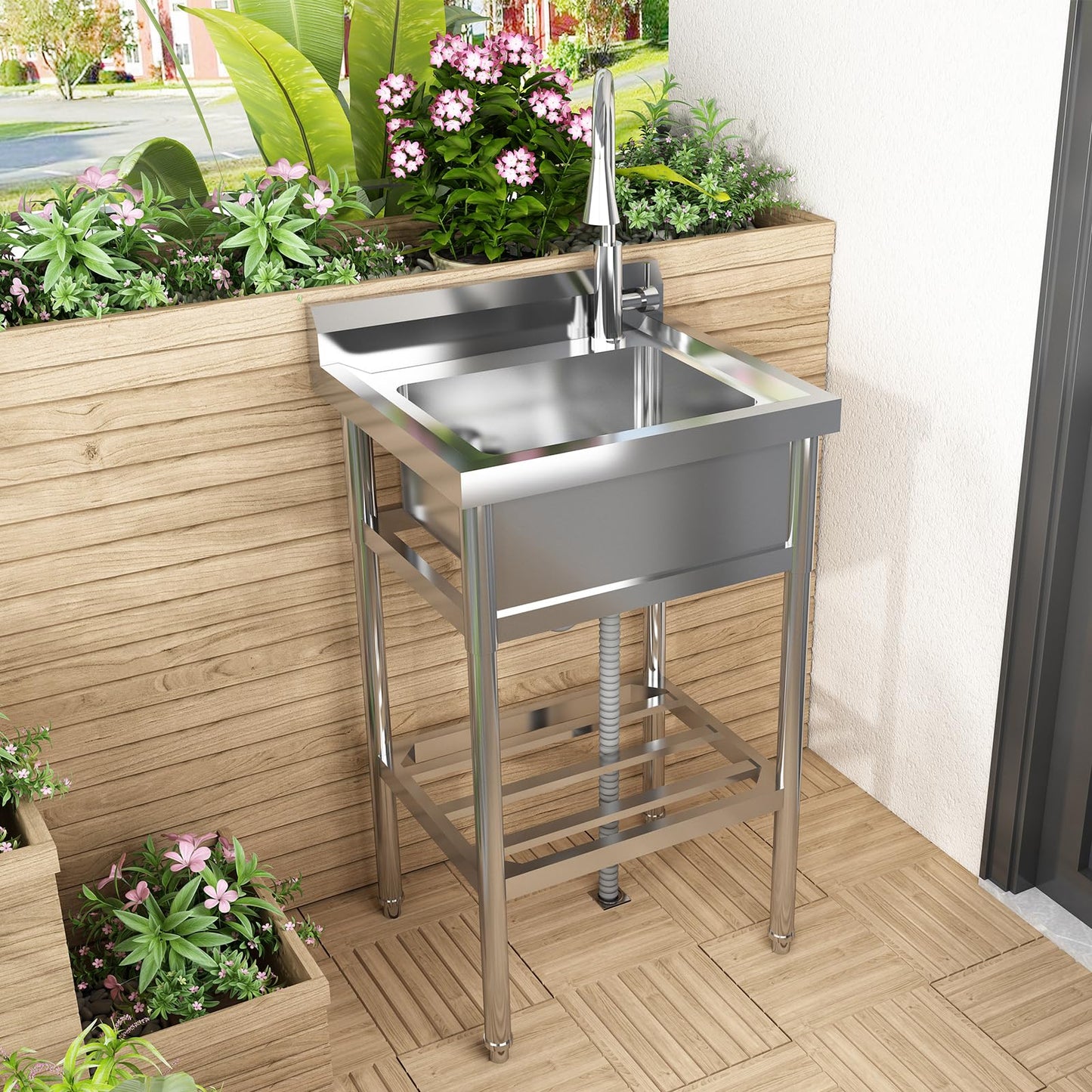 Garvee 24"W x 20"D x 42"H Stainless Steel Utility Sink - Free Standing Single Bowl with Hot & Cold Faucet for Kitchen, Laundry, Restaurant, Garage, Garden