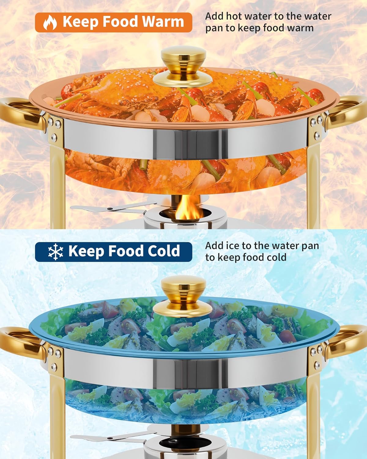 Garvee 2 Pack Chafing Dishes for Buffet, 5 QT Round Buffet Servers and Food Warmer Set with Lid, Stainless Steel Chafers for Catering Parties Wedding Banquet, Gold