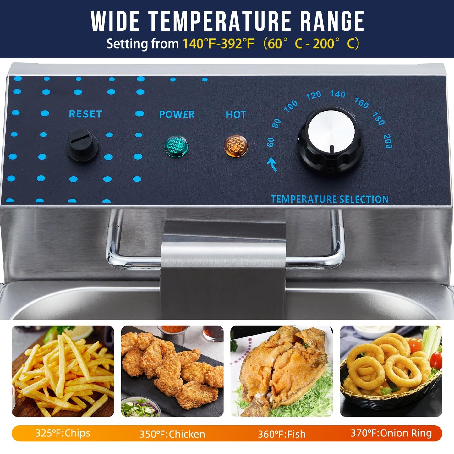 Garvee 8L 1600 Watts Electric Deep Fryer - Stainless Steel Commercial Single Tank with Adjustable Temp (140-392°F) & Basket - Countertop Fryer for Kitchen/Restaurant