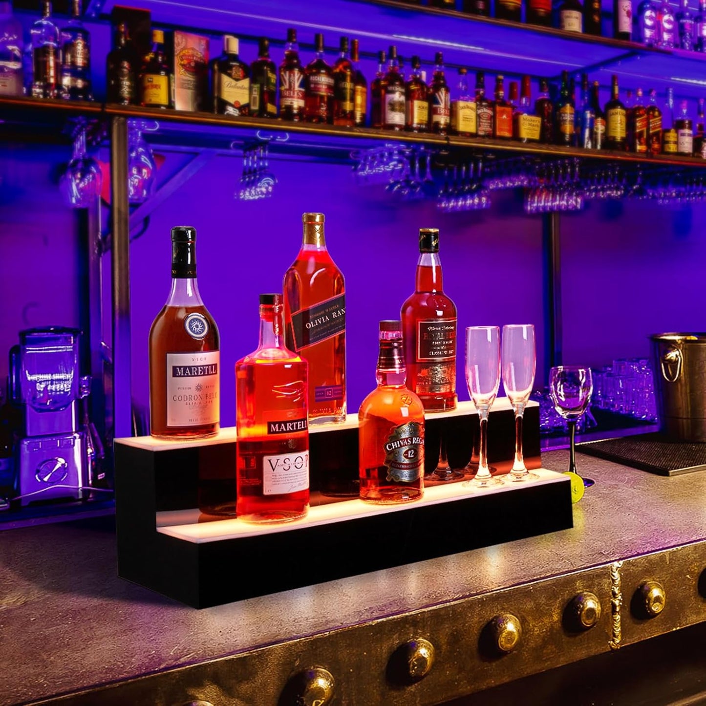 Garvee Led Lighted Liquor Bottle Shelf, 2 Tiers 40 Inches Led Bar Display Shelf With Remote & App Control, 16 Colors, 4 Modes, 1-8 H Timing, Bar Lights for Liquor Shelves