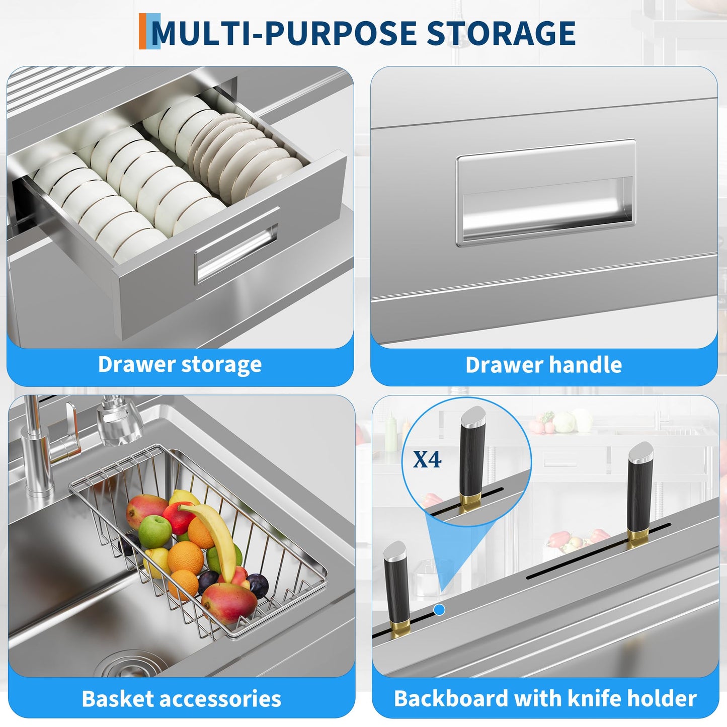 Garvee 20"D X 40"W X 39"H Stainless Steel Laundry Utility Sink, Freestanding Single Bowl Kitchen Sink with Hot & Cold Water Faucet, Built-In Wash Board, Drawer, Drain Basket, Dish Rack for Laundry Room, Garage, Durable Rust-Resistant