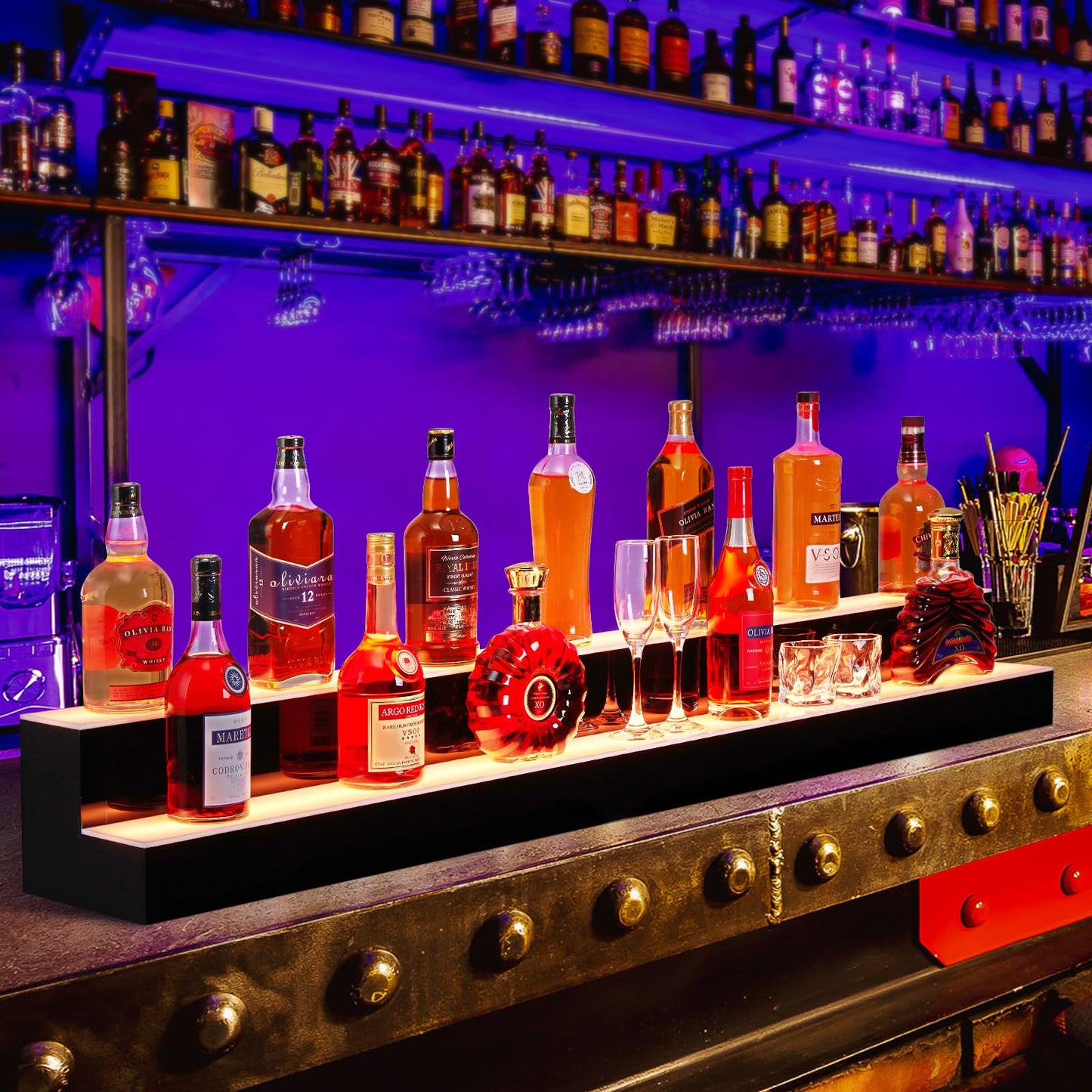 Garvee LED Lighted Liquor Bottle Display Shelf, 2 Tiers, 60 Inches, Remote & App Control, Acrylic, 16 Colors, 4 Modes, Home & Bar Use