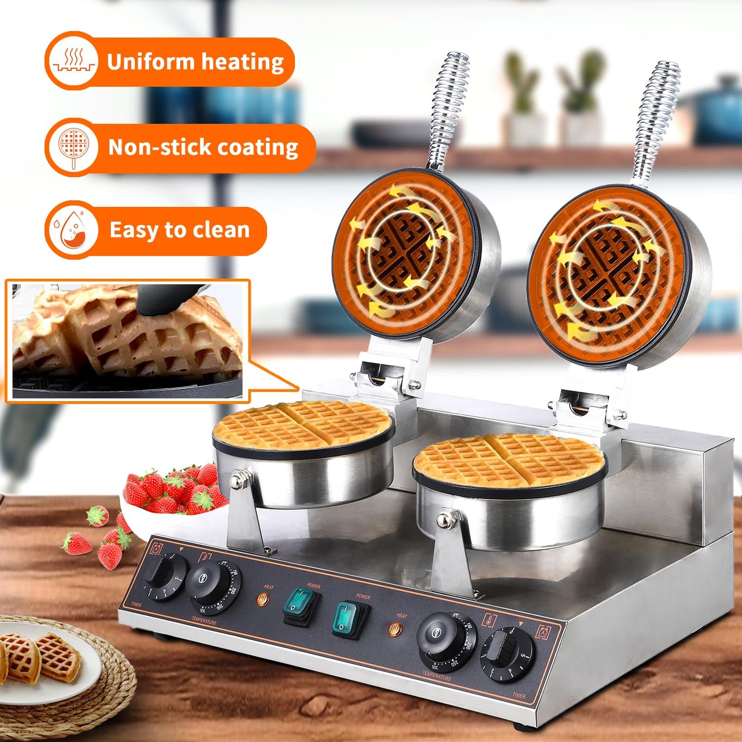 Garvee Commercial Electric Waffle Maker Stainless Steel Nonstick Mold for Restaurant, Bakeries, Snack Bar Use (110V 2400W)