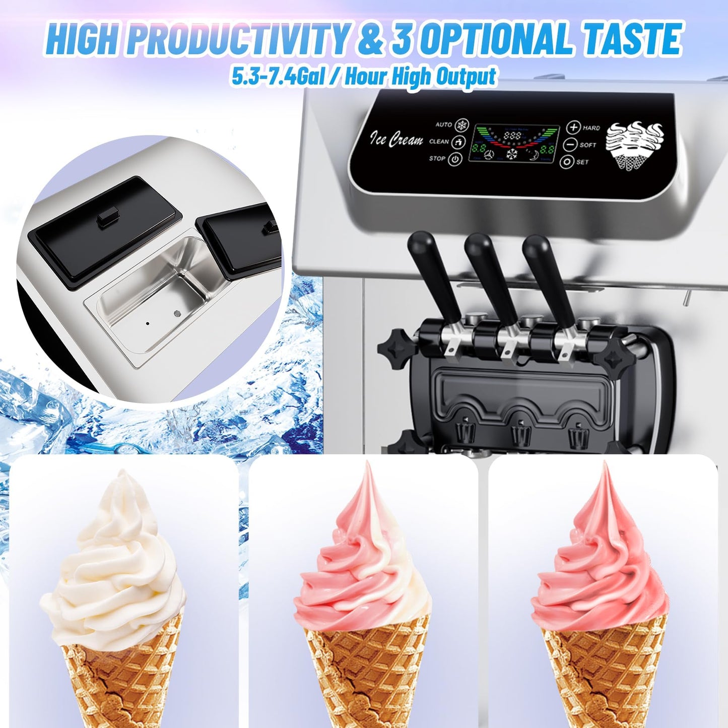 Garvee Commercial Soft Ice Cream Machine 3 Flavors Clean Led Panel Perfect for Restaurants Snack Bar Supermarkets 2200W (Without Pre-Chill)