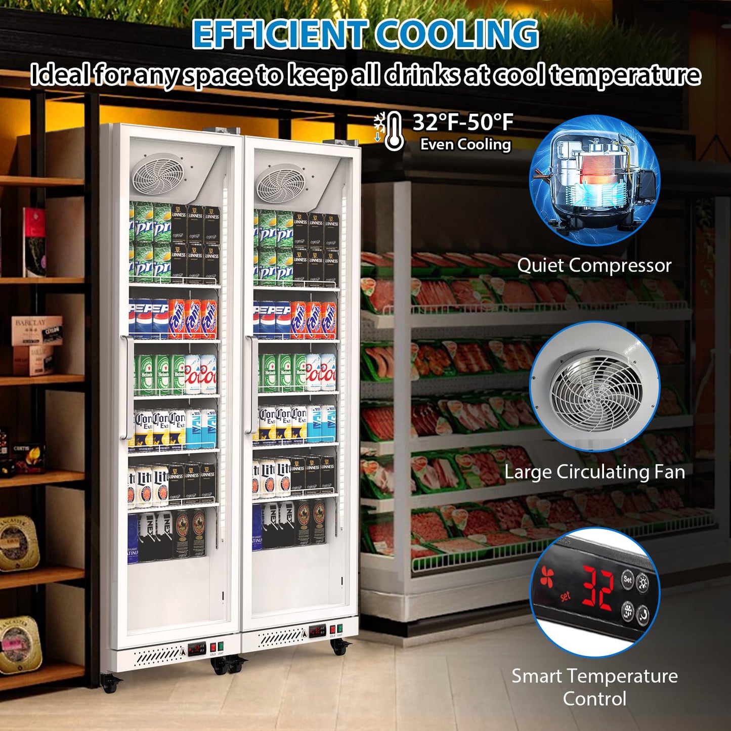 Garvee Commercial Display Refrigerator, 12.4 Cu.Ft Beverage Cooler, LED Light, Adjustable Shelves, Glass Door, Auto-Defrost, 360° Air-Cooling, Suitable for Bars and Stores