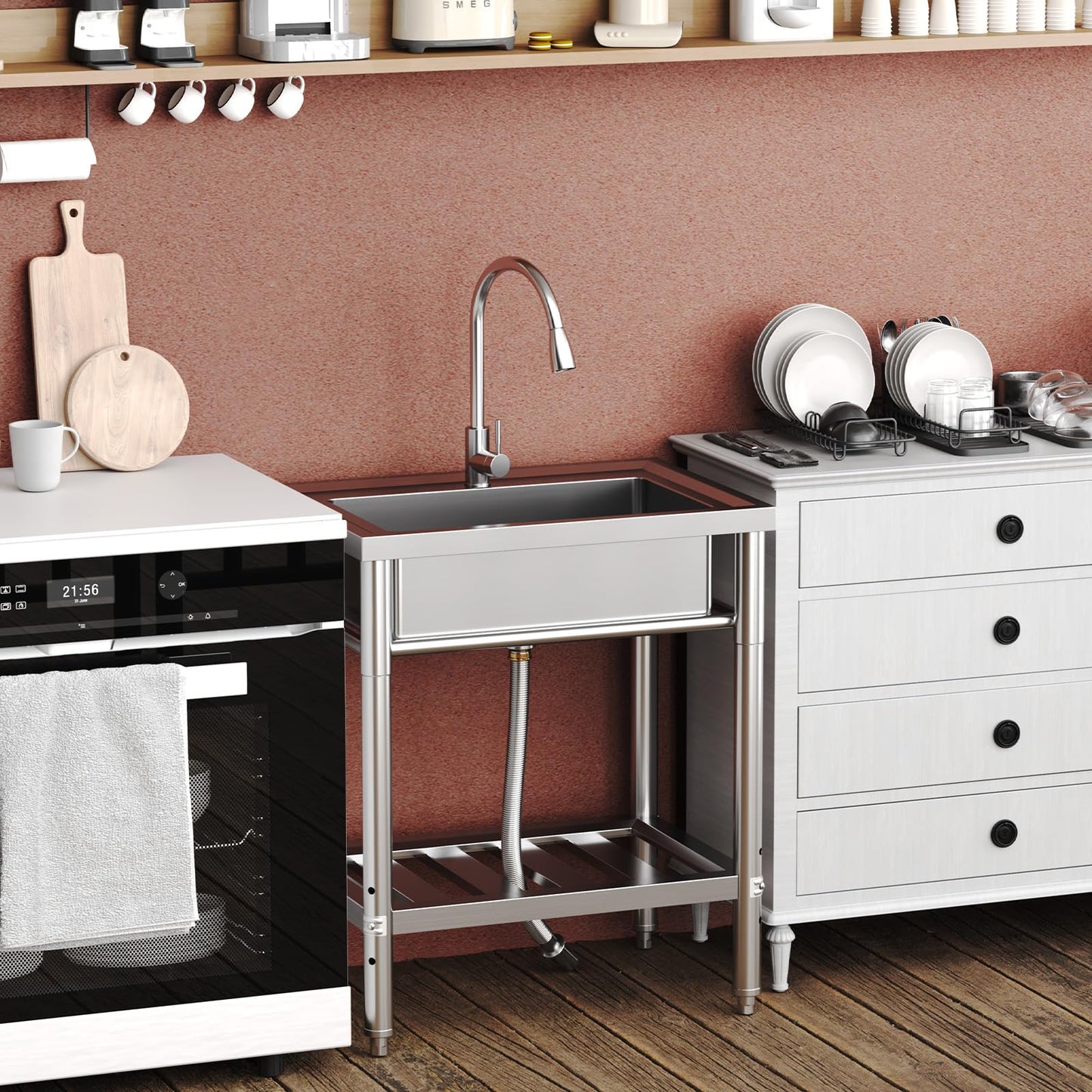 Garvee 28"W x 20"D x 34"H Freestanding Stainless Steel Single Bowl Kitchen Sink - 360° Rotating Faucet, Storage Shelf, Adjustable Legs, and Hot & Cold Hoses for Commercial Use