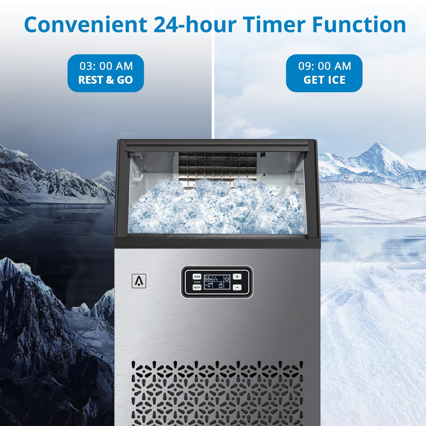Garvee 150 lbs/24H Commercial Ice Maker Machine with 33lbs Ice Storage Stainless Steel Freestanding Ice Machine Self-Cleaning for Business and Home