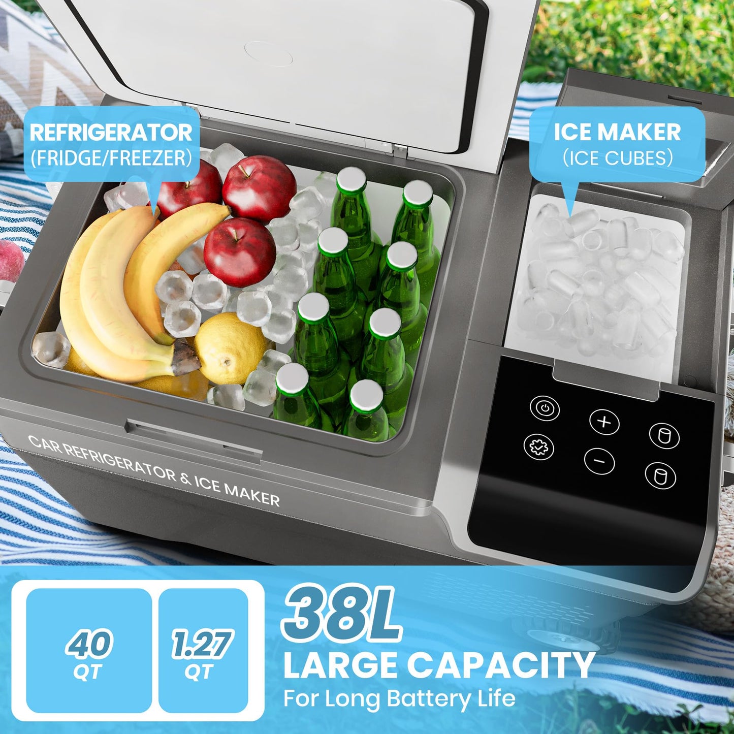 Garvee 12 Volt Refrigerator with Ice Maker,40QT(38L) Electric Cooler, Car Refrigerator Usable Battery Dual Zone,12V Fridge 12/24V DC 110-240V AC for Camping,Travel,Outdoor,Home