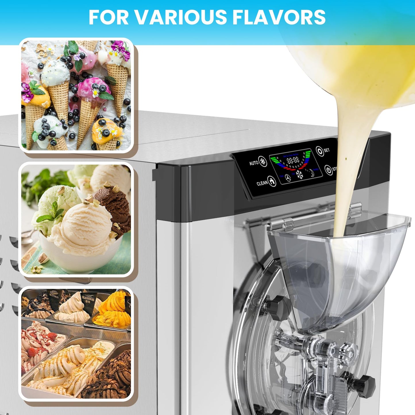Garvee 2000W Commercial Hard Ice Cream Machine 6.3Gal/H High Output Self-Cleaning LCD Touch Screen 304 Stainless Steel for Cafes Restaurants Home