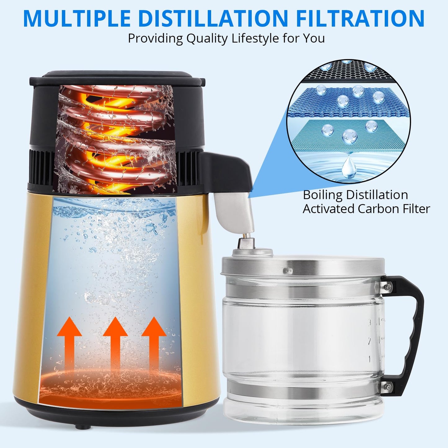 Garvee 4L Water Distiller Stainless Steel Distilled Water Purifier Countertop Home Use Golden