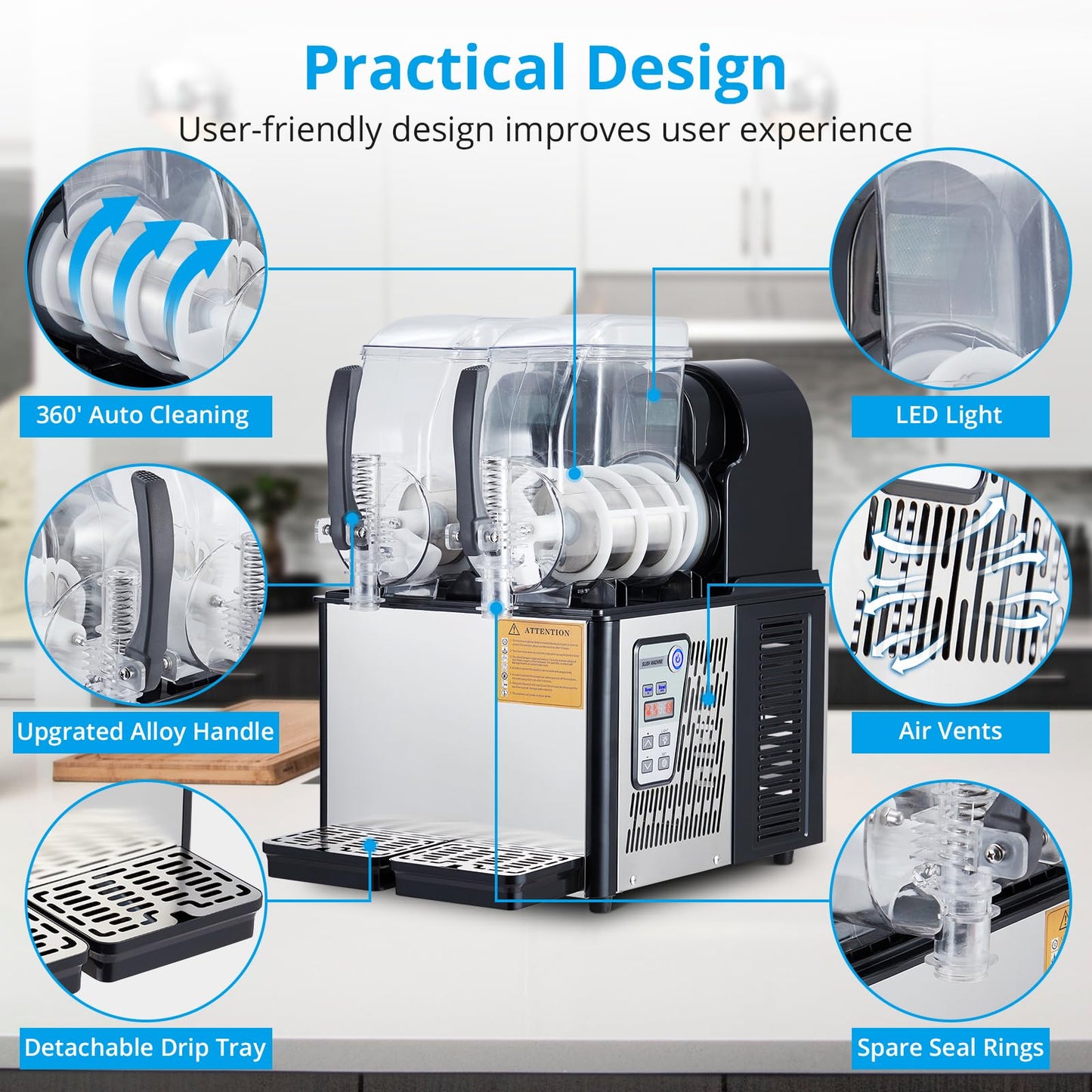 Garvee Commercial Slushie Machine 4Lx2 Stainless Steel 300W Self-Cleaning Double Tank for Home Coffee Shop Restaurant