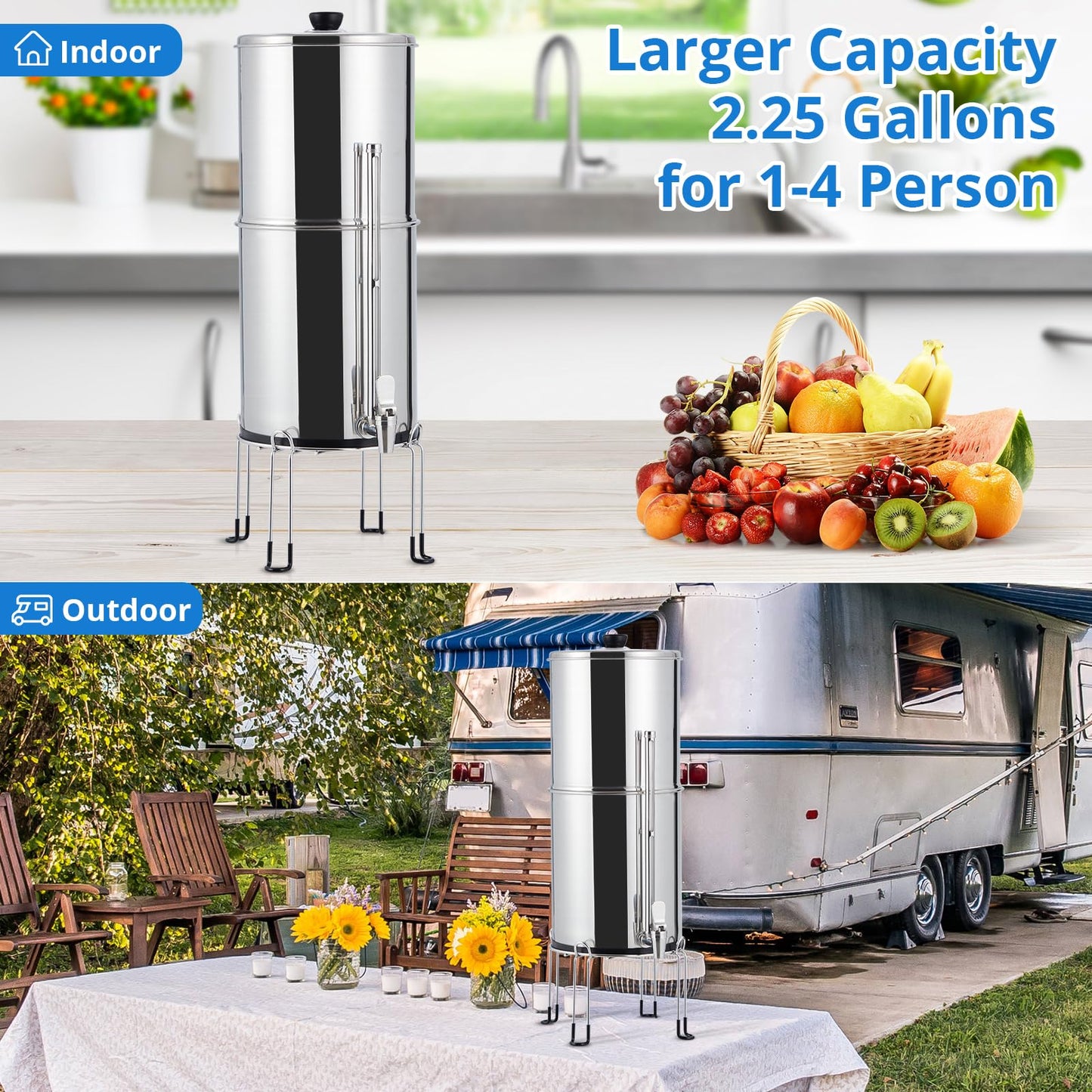 Garvee 2.25G Stainless-Steel Gravity Water Filter System for Camping/Home - Medium Version