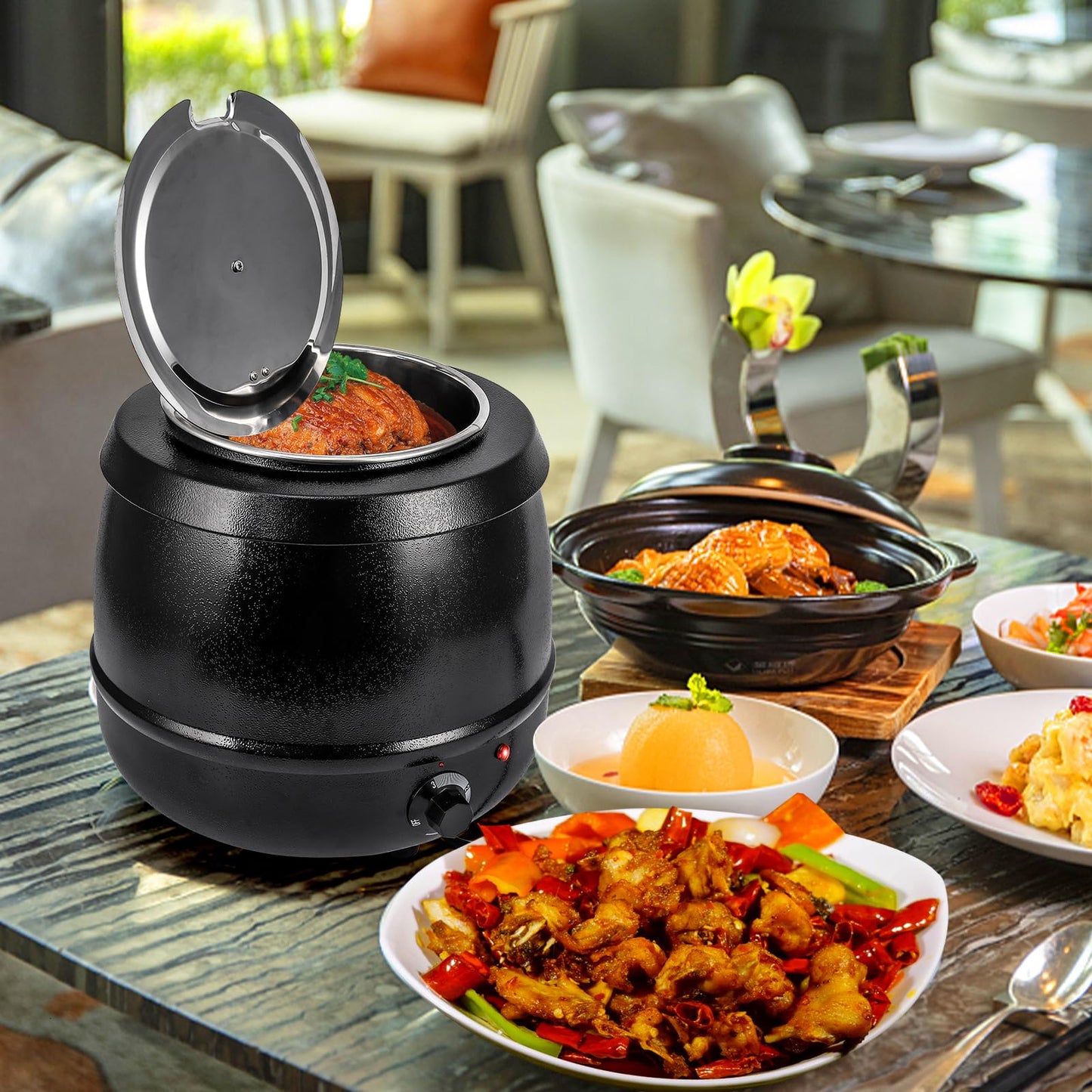 Garvee 10.5QT Commercial Soup Kettle Warmer with Hinged Lid and Detachable Stainless Steel Insert Pot for Restaurant and Big Family - Black