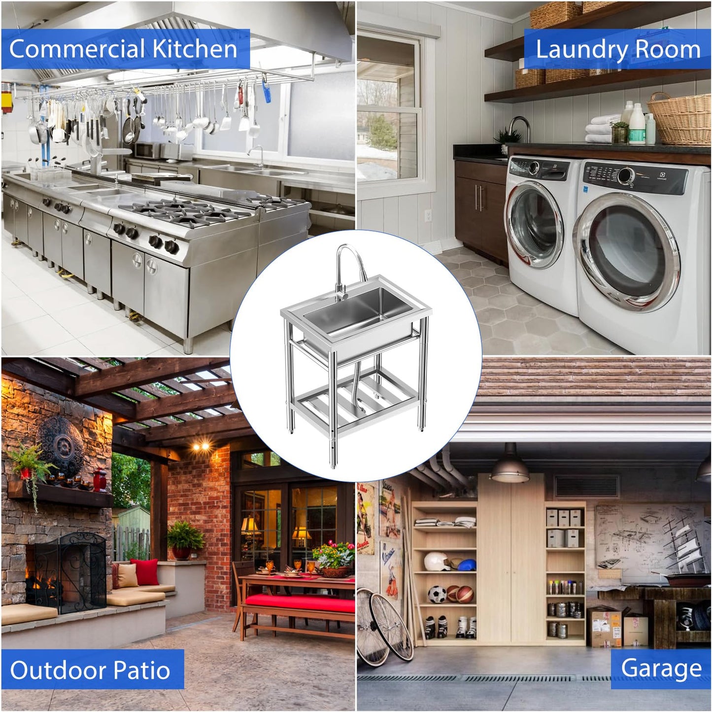 Garvee 28"W x 20"D x 34"H Freestanding Stainless Steel Single Bowl Kitchen Sink - 360° Rotating Faucet, Storage Shelf, Adjustable Legs, and Hot & Cold Hoses for Commercial Use