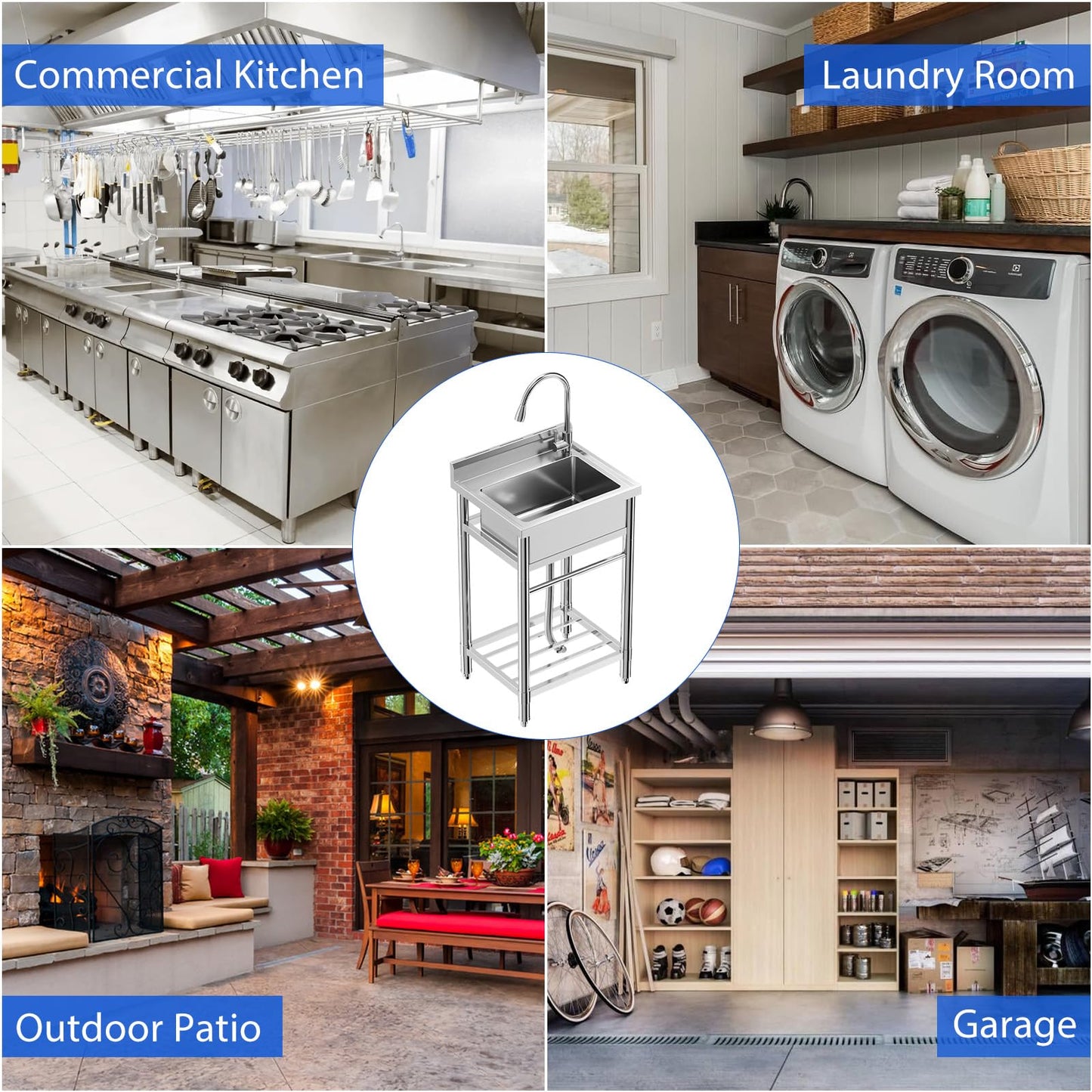 Garvee 24"W x 20"D x 41"H Freestanding Utility Sink - Stainless Steel Commercial Kitchen Sink with Faucet, Hot & Cold Hoses, and Storage Shelf for Laundry Room, Backyard, Garage