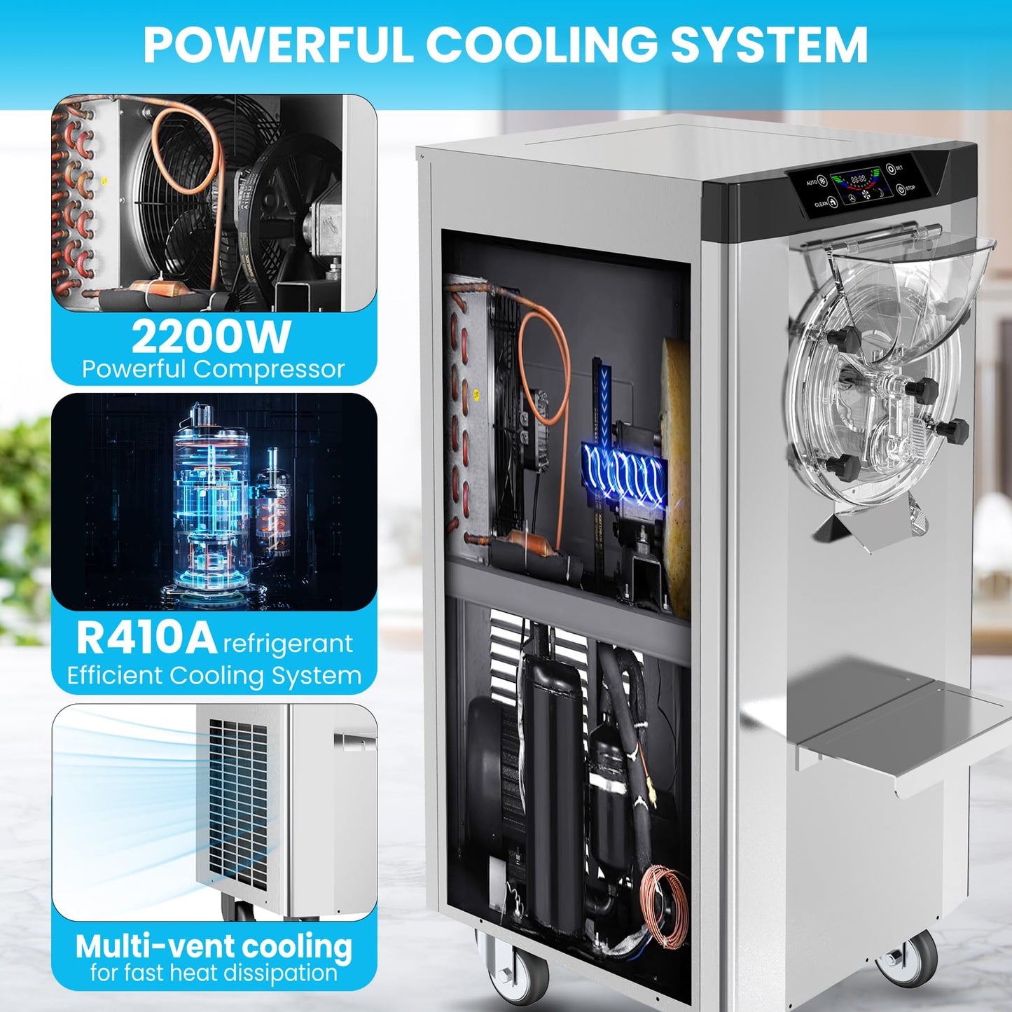 Garvee 2200W Commercial Hard Ice Cream Machine - 6.3Gal/H High Output, Self-Cleaning LCD Touch Screen for Cafes, Bubble Tea Shops & Restaurants (FDA Stainless Steel)