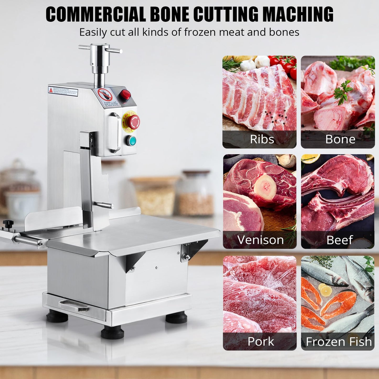 Garvee Commercial Electric Meat Saw - 850W Bone Cutting Bandsaw With Customizable Thickness, Accurate Adjustments, 15.7" x 20.1" Stainless Steel Workbench, 15m/s Sawing Speed, Countertop