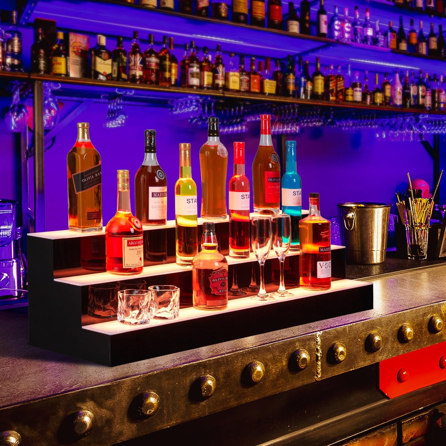 Garvee LED Lighted Liquor Bottle Display, 3 Tier 30 Inch Wall Mounted Acrylic Liquor Shelf with Wine Holder Slots, 4 Modes, 16 Colors, Remote & App Control for Home Commercial Bar