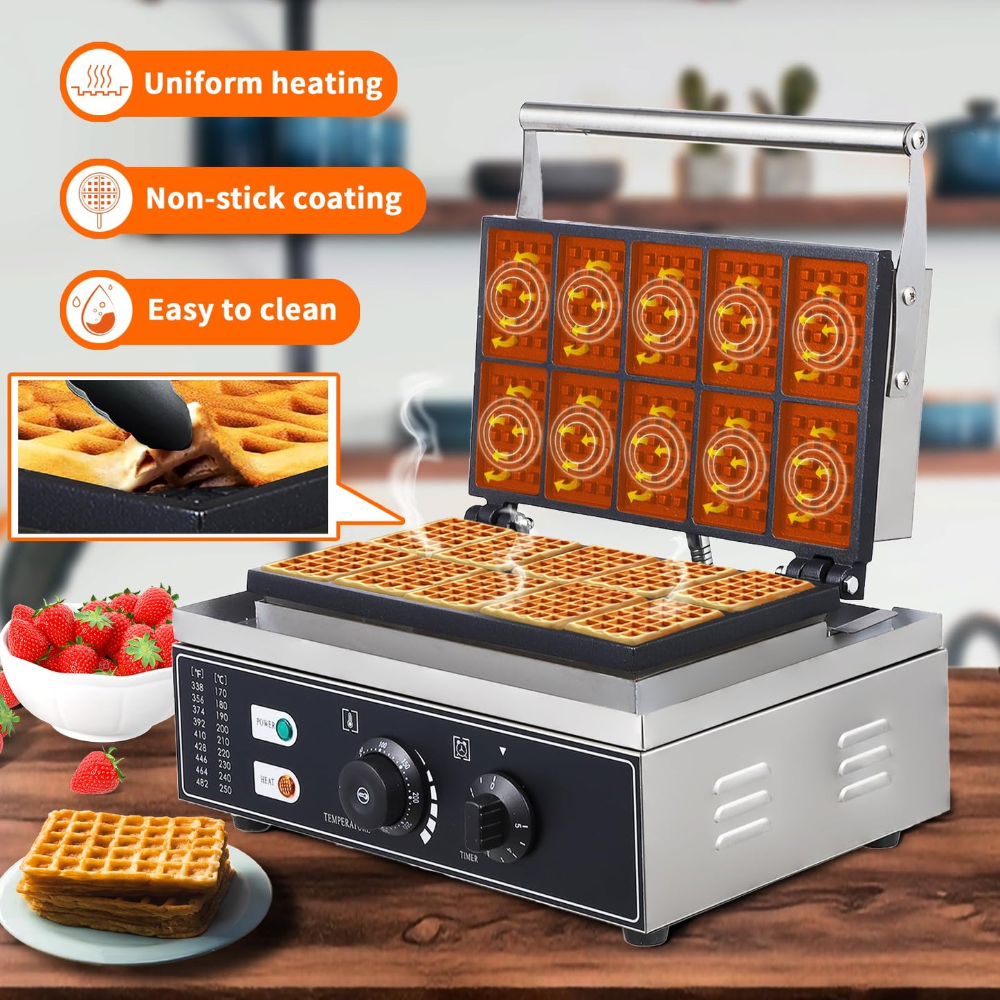 Garvee Commercial Rectangle Waffle Maker -10pcs Nonstick Electric Waffle Maker Machine Stainless Steel 110V Temperature and Time Control Heart Belgian Waffle Maker Suitable for Restaurant Snack Bar