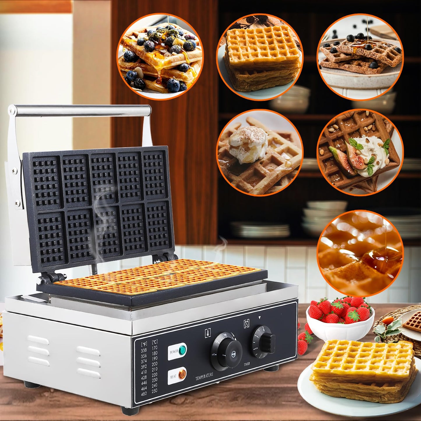 Garvee Commercial Rectangle Waffle Maker -10pcs Nonstick Electric Waffle Maker Machine Stainless Steel 110V Temperature and Time Control Heart Belgian Waffle Maker Suitable for Restaurant Snack Bar