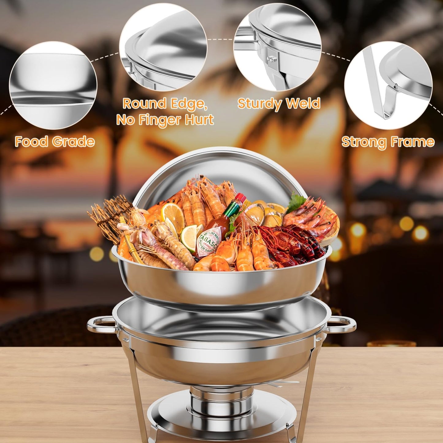 Garvee 5QT Chafing Dish Buffet Set of 6 Pack, Round Stainless Steel Food Warmers Buffet Servers Sets, Chafer with Food & Water Pan, Lid, Frame, Fuel Holder for Catering and Parties