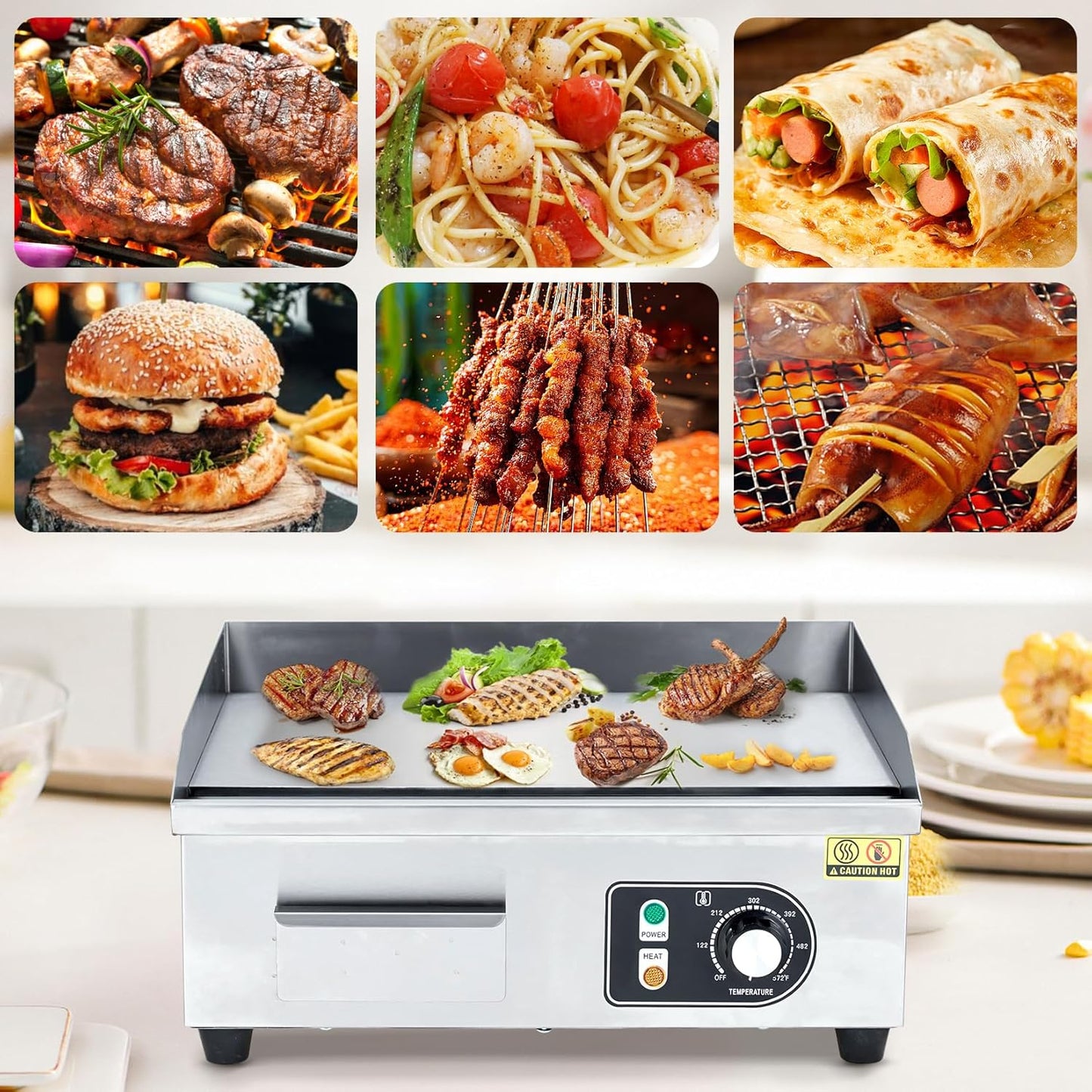 Garvee 22-Inch Commercial Electric Grill 1600W Non-Stick Stainless Steel Adjustable Temp 122°F-572°F for Home & Restaurant(WITH PLUG)