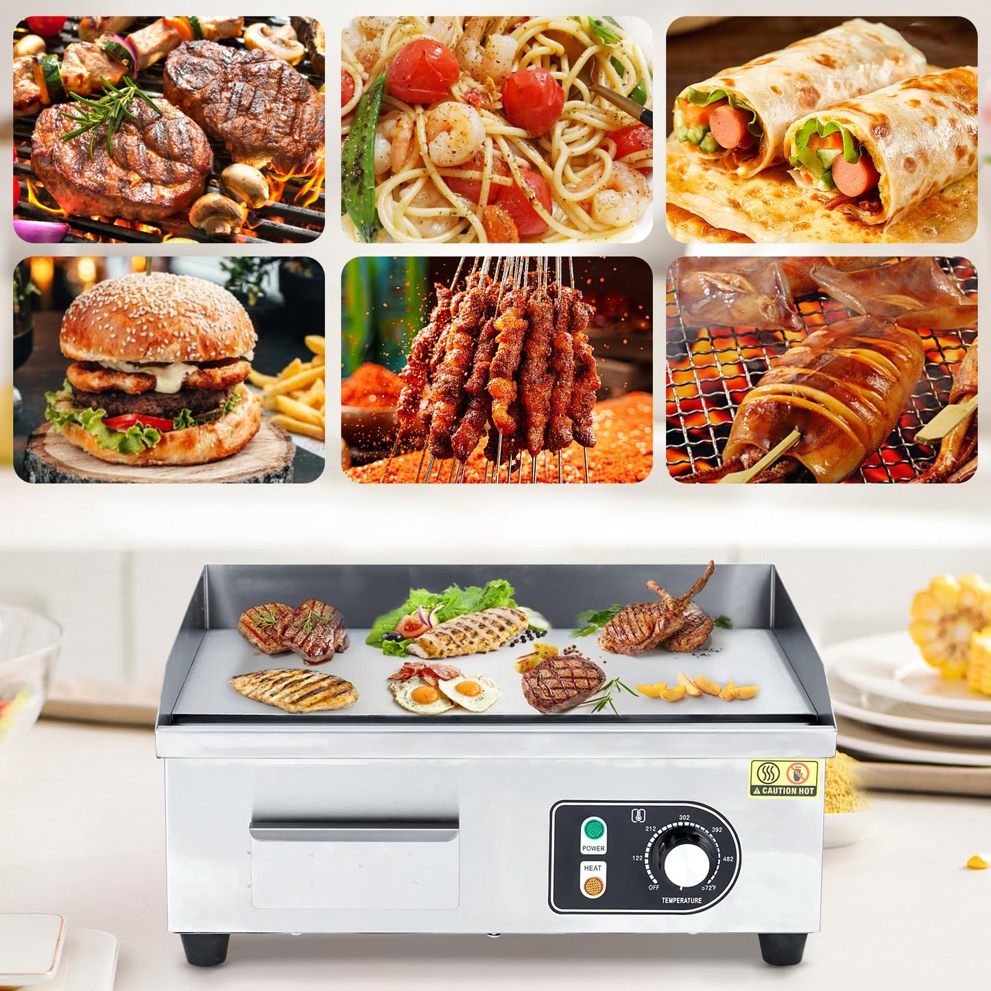 Garvee 18-Inch Commercial Electric Grill 1600 Watts Non-Stick Stainless Steel Adjustable Temp 122°F-572°F for Home & Restaurant