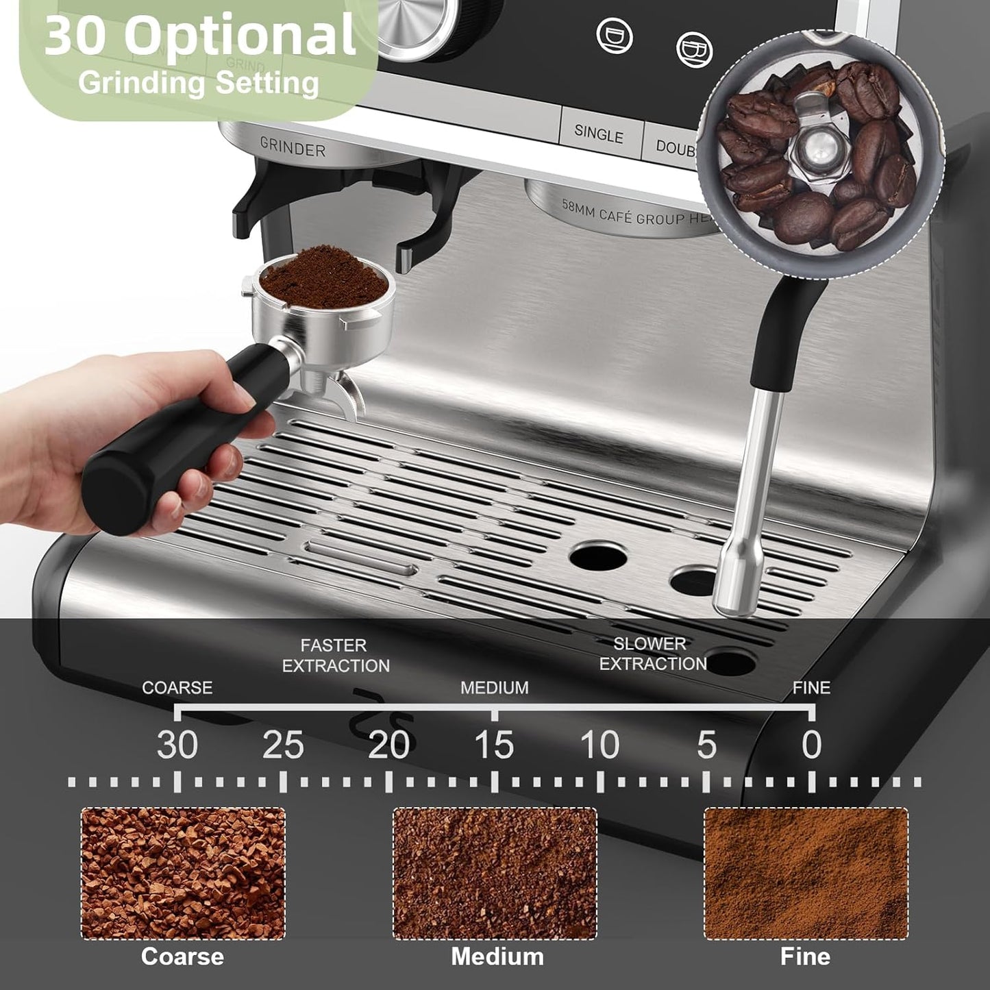 Garvee 1450W 120V 20 Bar Espresso Machine with Steam Wand, Fast Heat,Built-In Bean Grinder,for Home Barista, Gifts for Dad,Mom,Coffee Lover- Gray
