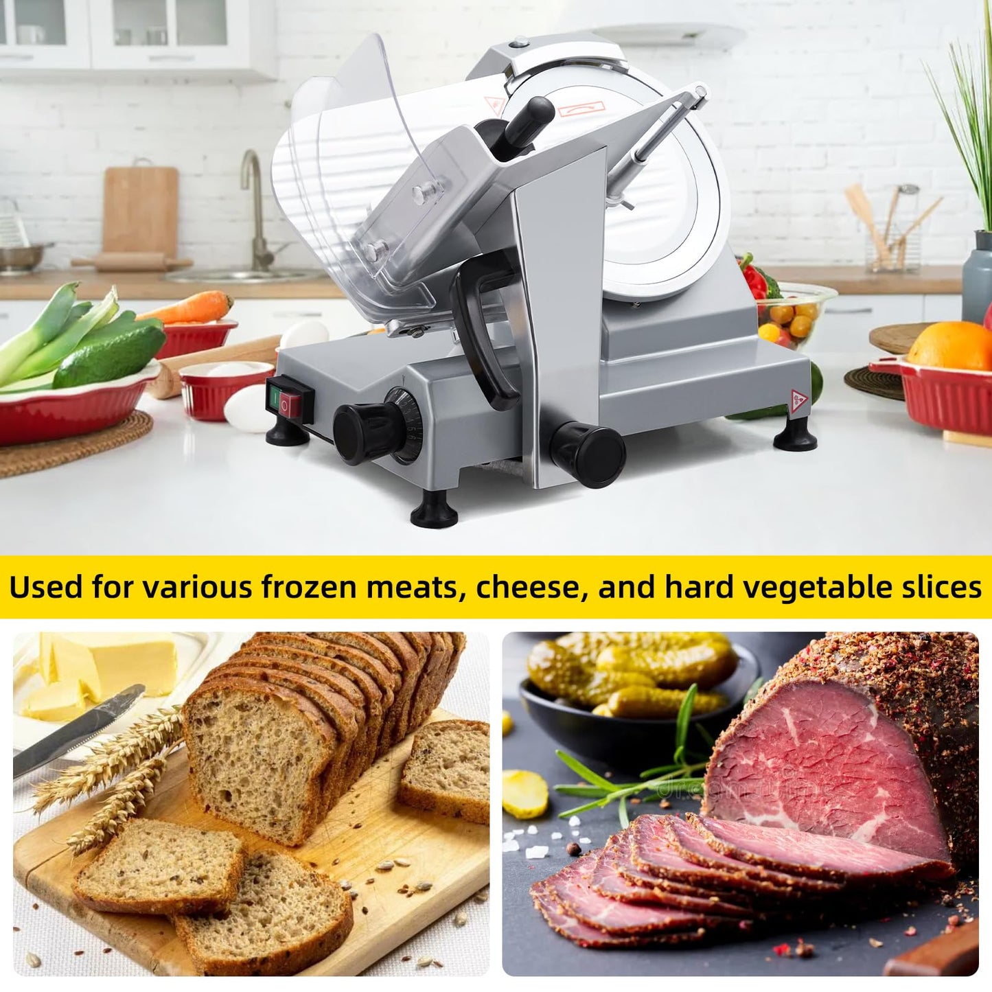 Garvee 10-Inch Commercial Deli Meat Slicer | 240W Semi-Automatic Electric Slicer for Meat, Cheese, Bread, and Vegetables | Adjustable Thickness and Easy to Clean