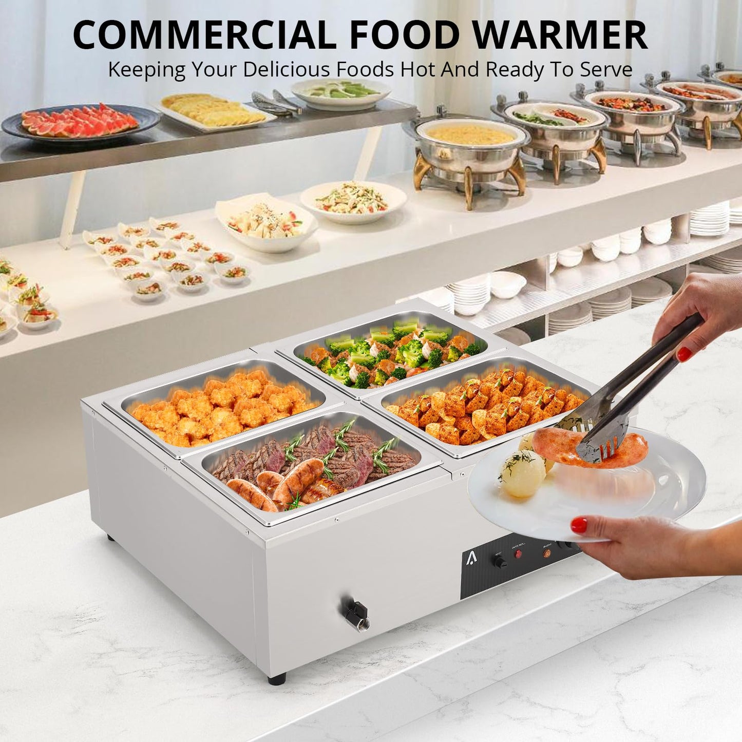 Garvee Commercial Food Warmer 4 Pan, 4x12QT Bain Marie Buffet Server and Warmer, Stainelss Steel Electric Steam Table with Lids & Ladles for Buffet Catering Parties Restaurants, Silver