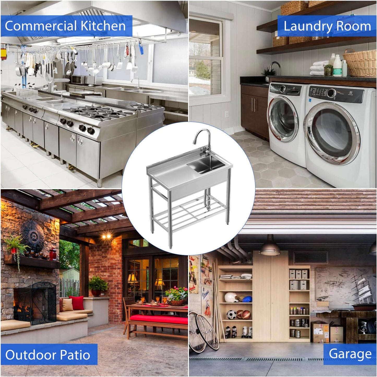 Garvee 39"W x 20"D x 37"H Freestanding Single Bowl Sink Commercial Kitchen Utility Sink with Worktop & Faucet, NSF Certified Stainless Steel for Garage