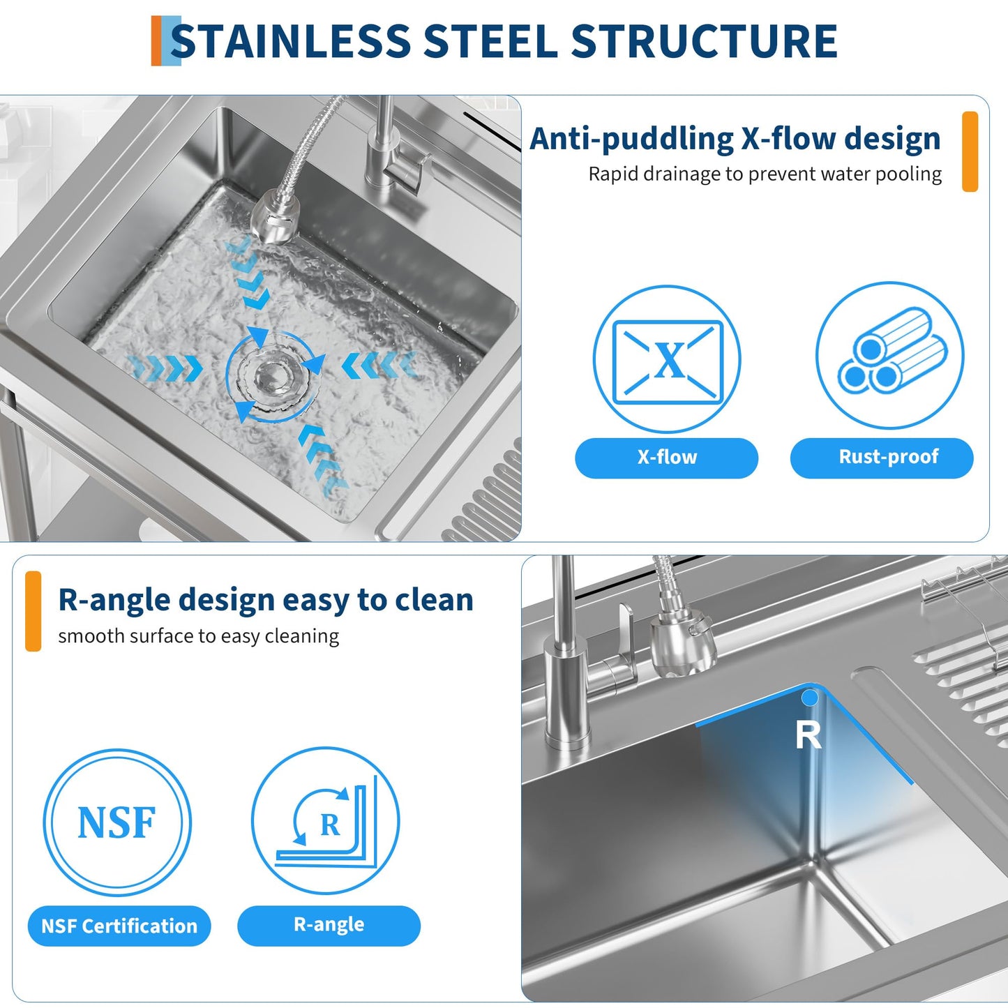 Garvee 20"D X 40"W X 39"H Commercial Stainless Steel Utility Sink Freestanding Single Bowl Kitchen Sink with Cold & Hot Water Faucet Laundry Room Garage Rust-Resistant