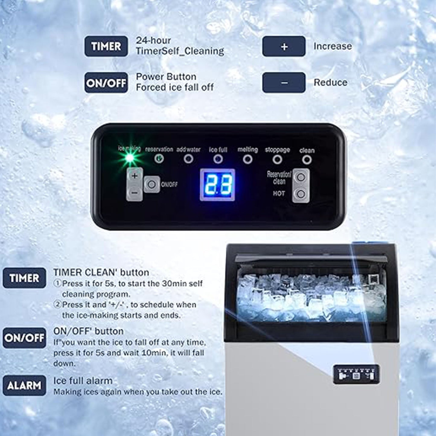 GARVEE 120Lbs/24H Commercial Ice Maker Machine, 33Lbs Storage, Under Counter Stainless Steel, Self-Cleaning, for Home, Restaurant, Bar