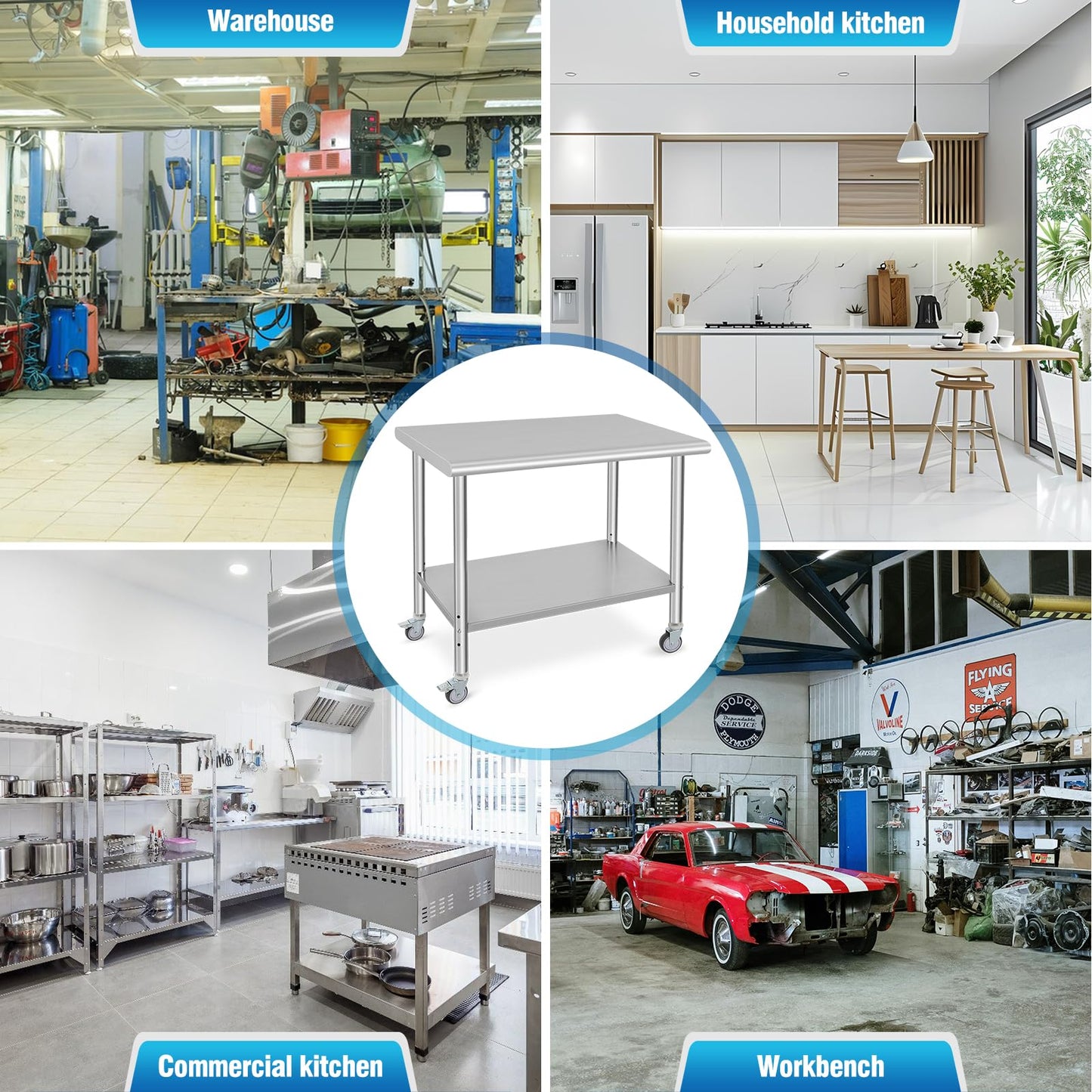 GARVEE 36"L x 24"W x 35"H Stainless Steel Prep Table - NSF Certified Heavy-Duty Commercial Kitchen Table with 4 Wheels and Undershelf for Outdoor Cooking, Dining Room, Garage, Laundry Room, and Kitchen