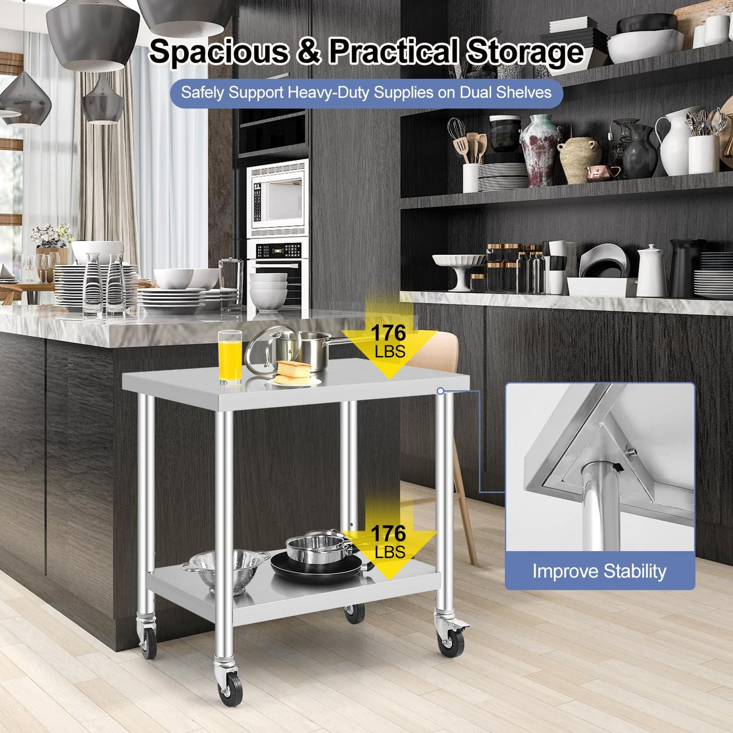 GARVEE 36"L x 24"W x 37"H Stainless Steel Work Table with Caster Wheels - Heavy-Duty Food Prep Table with Adjustable Undershelf for Kitchen, Garage, Laundry, and Hotel Use